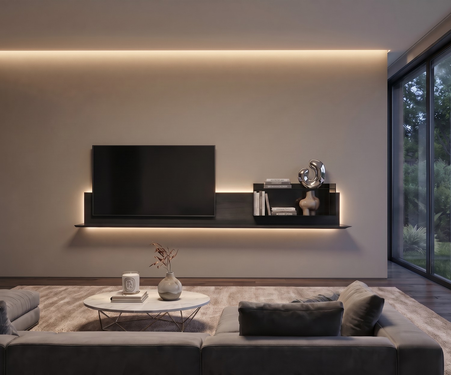 Meuble TV mural suspendu Livitalia Super avec LED Meuble TV mural suspendu Super par Livitalia avec éclairage LED dans un salon moderne en chêne noir.