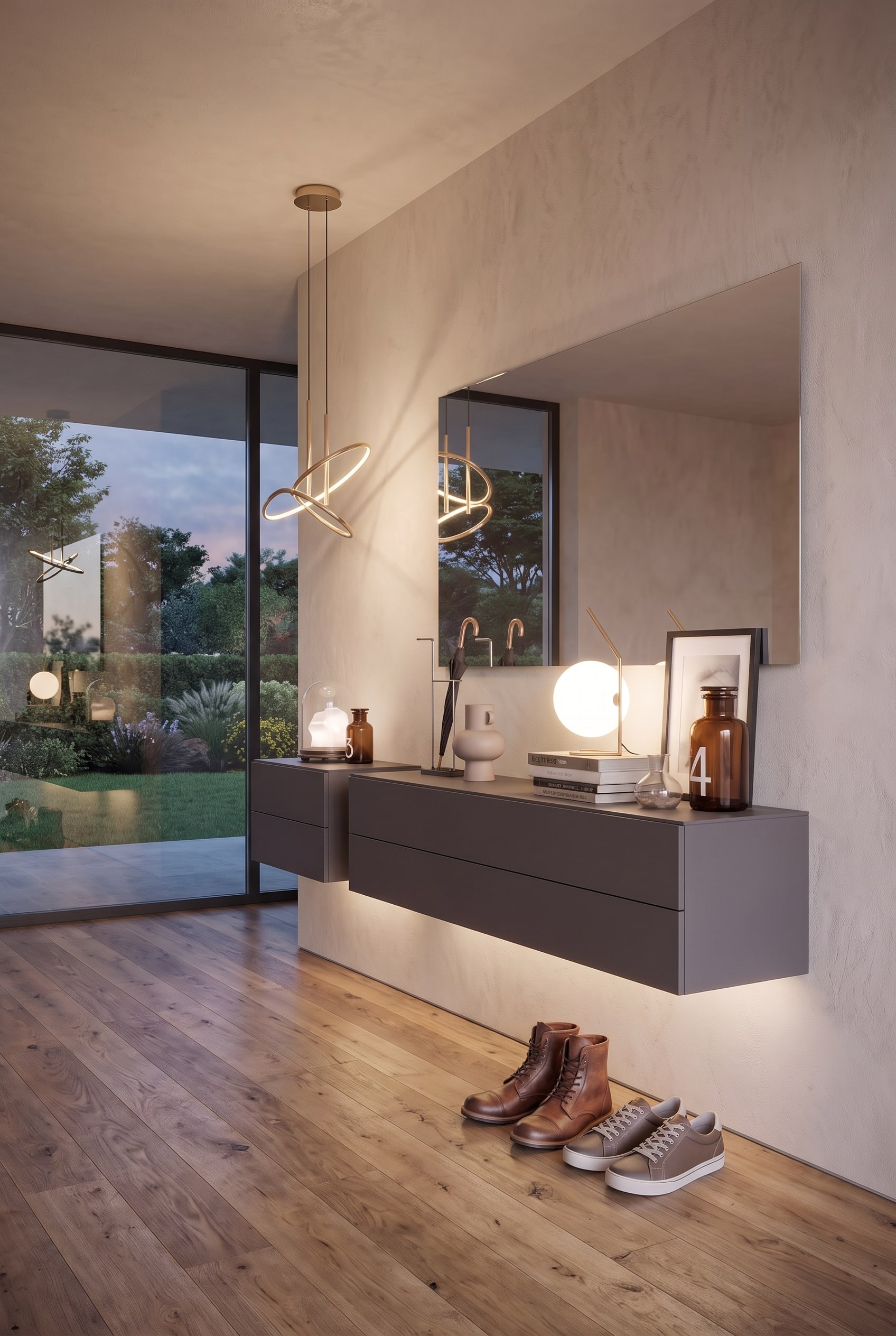Couloir moderne avec une commode suspendue gris fonc&eacute;, un miroir rectangulaire affleurant, des suspensions abstraites et des chaussures en cuir.
