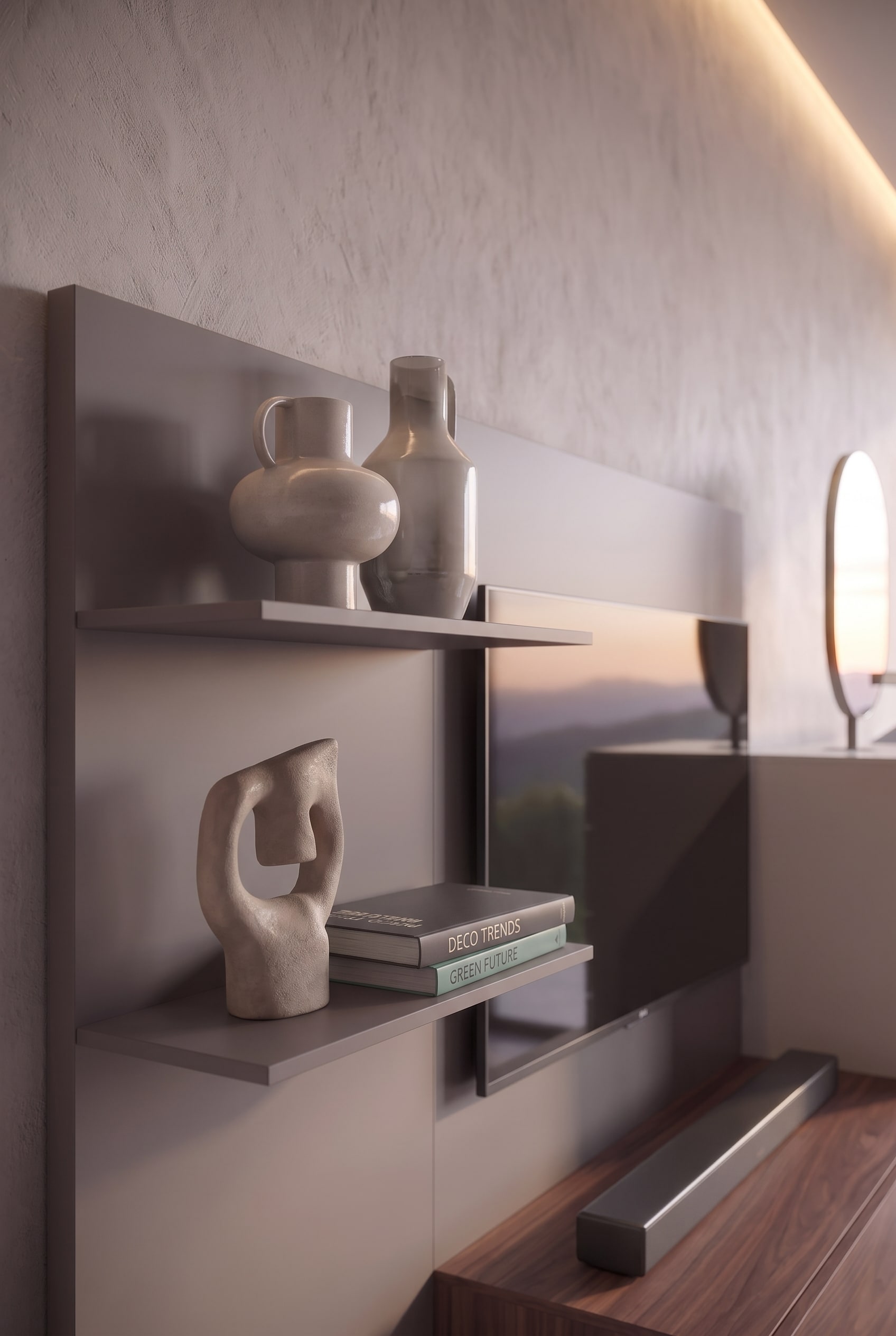 Makroaufnahme von matten Regalböden mit hellen Keramikvasen, einer abstrakten Skulptur und zwei Design-Büchern.
