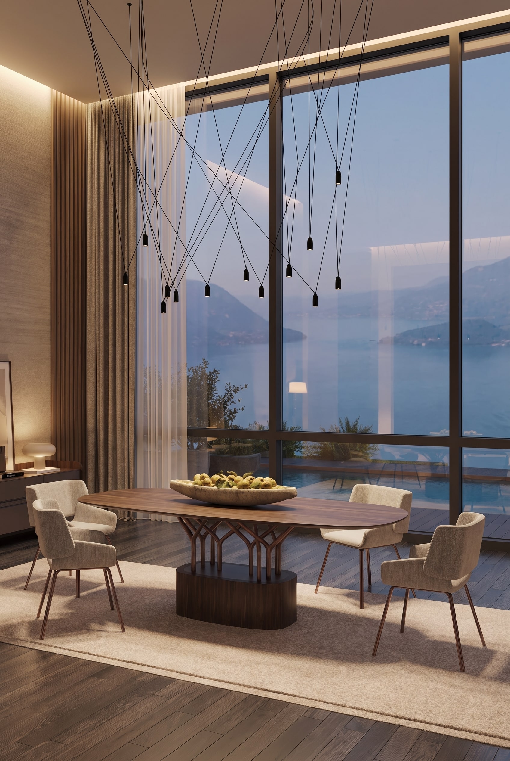 Table à manger de luxe ovale en bois massif avec veinure foncée, éclairée par des suspensions filigranes devant une façade vitrée.