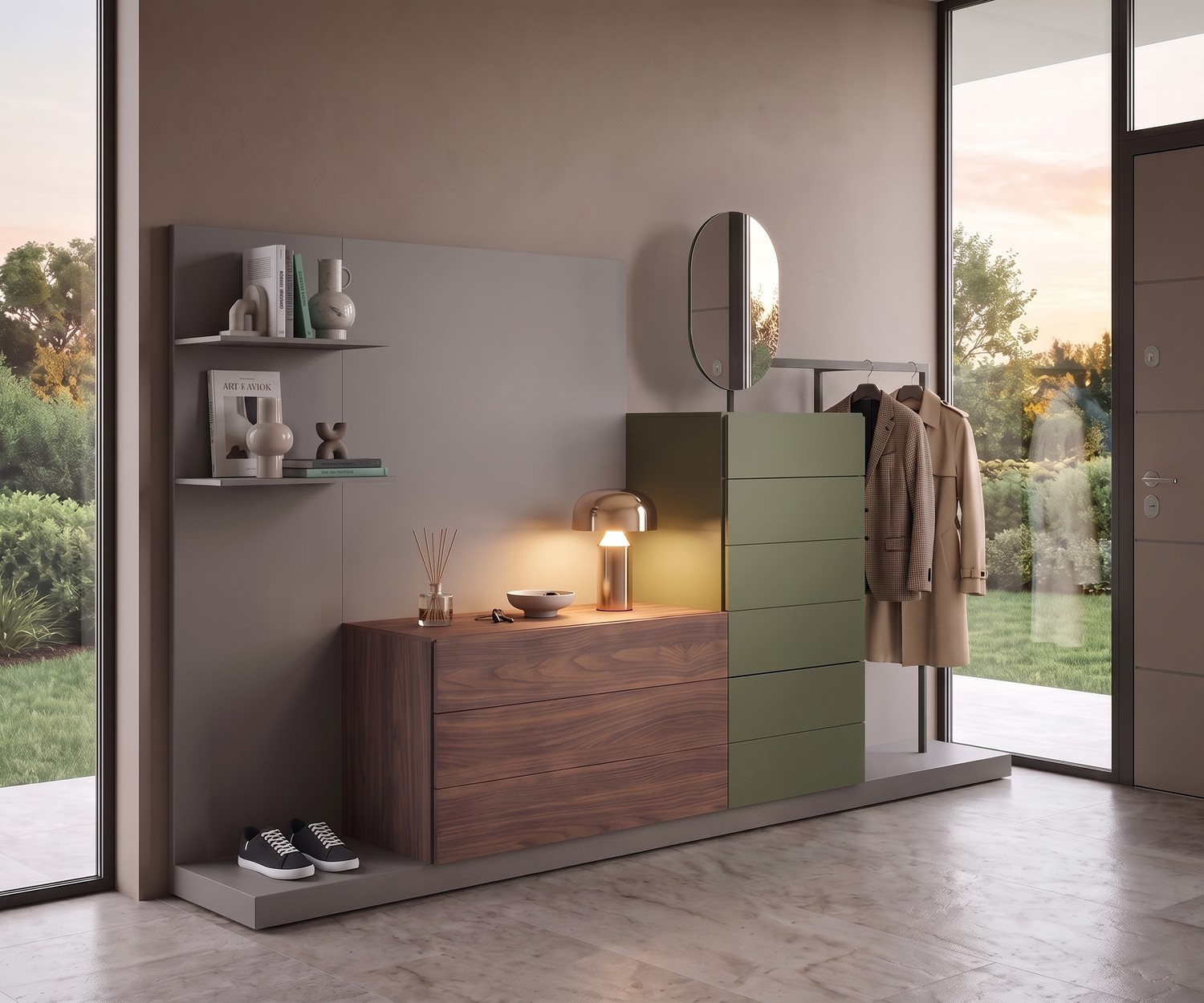 Vestiaire d'entrée Novamobili Easy 9 avec commode en noyer et vert, meuble de rangement modulaire moderne et minimaliste.