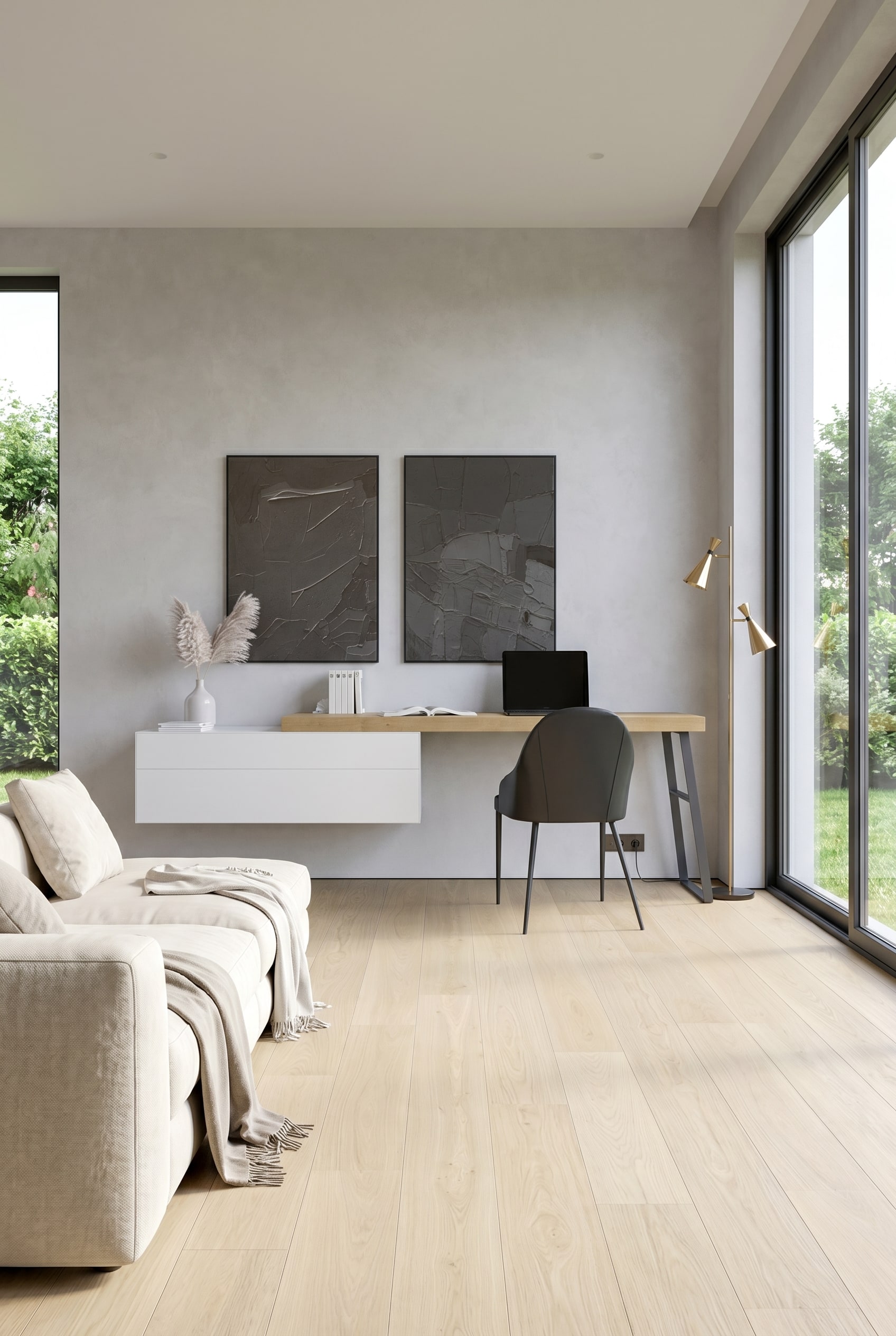 Salon moderne avec commode murale suspendue en blanc et chaise de bureau noire
