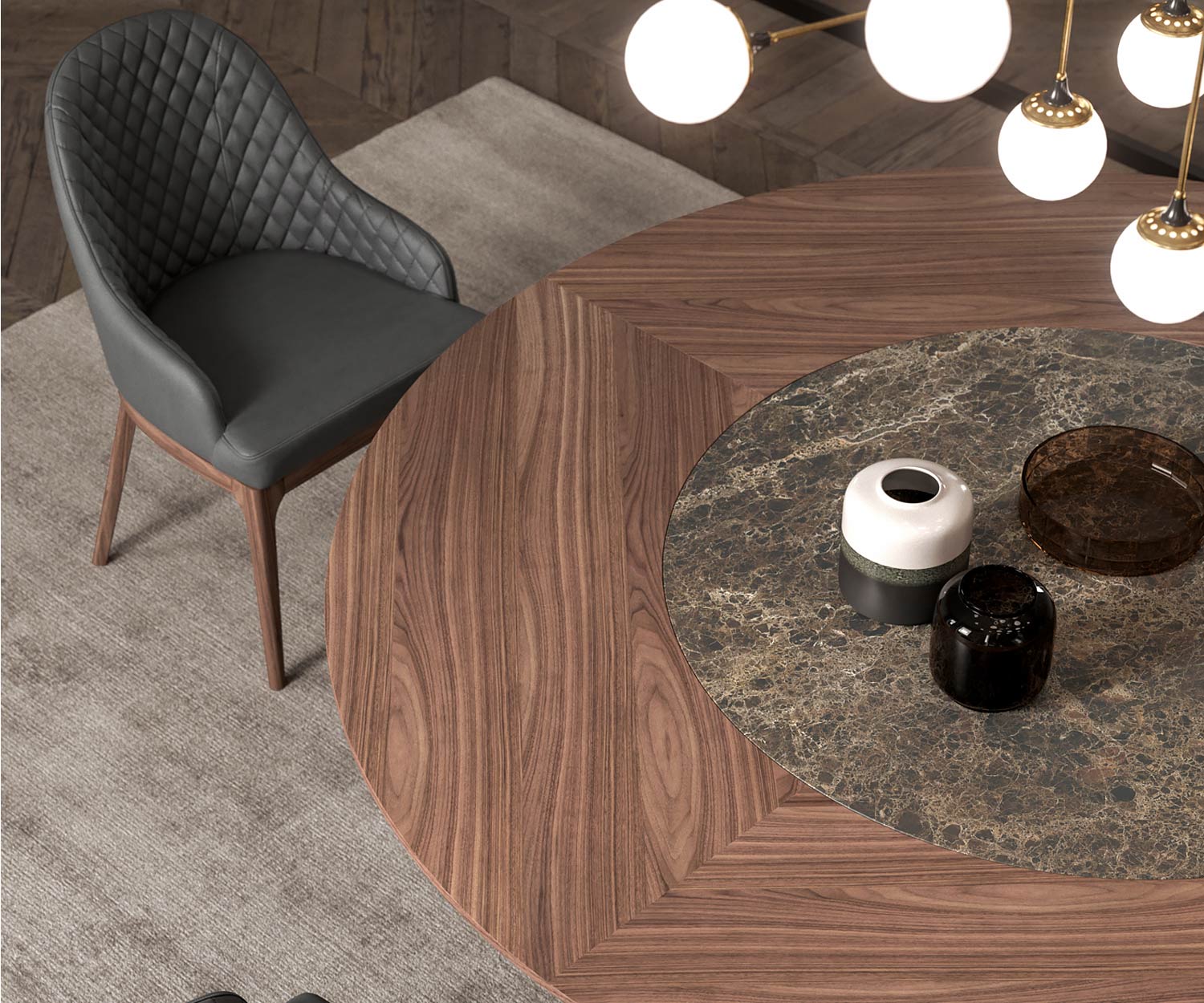 Design table à manger détail plateau rond avec noyer Emperador verre céramique Design table à manger détail plateau rond avec noyer Emperador verre céramique