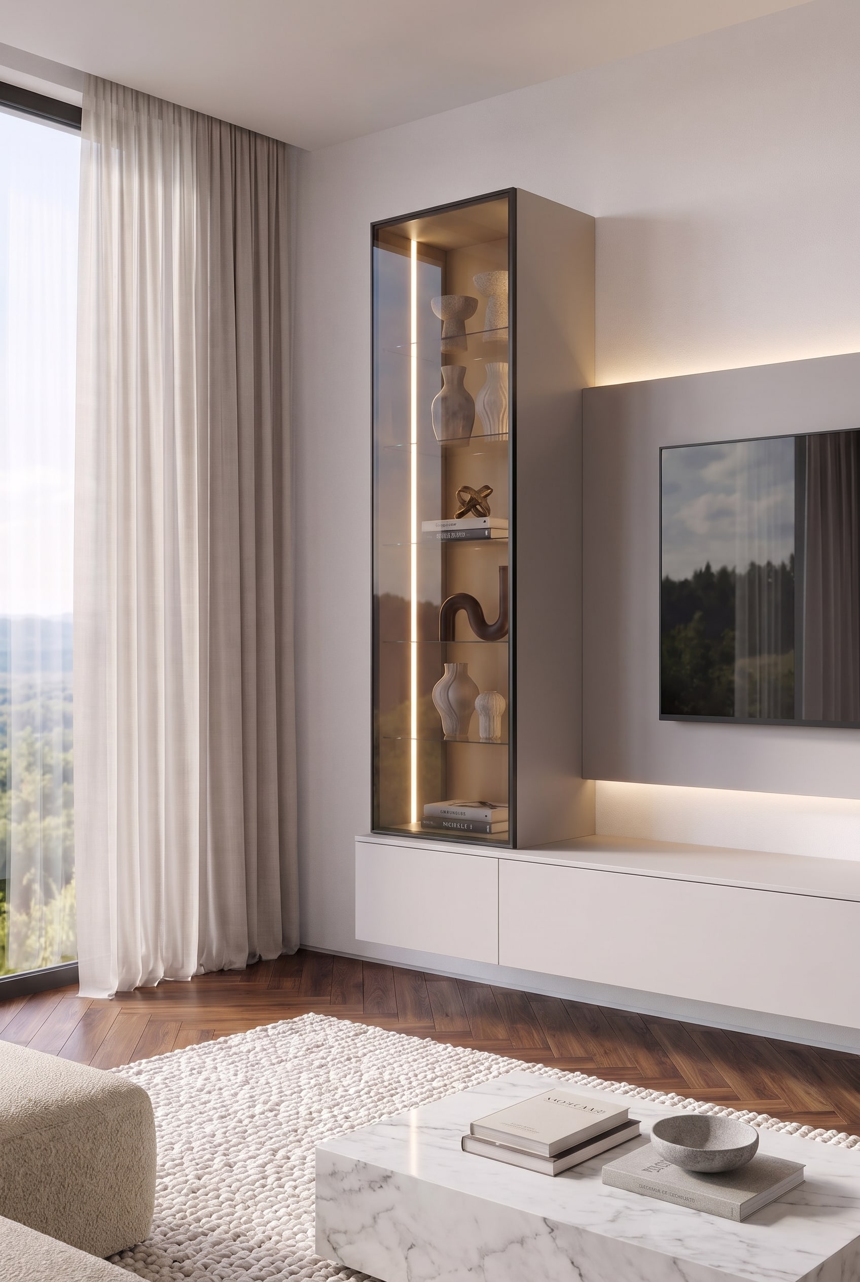 Salon moderne avec meuble bas flottant en gris clair, vitrine en verre fum&eacute; et panneau TV avec &eacute;clairage indirect