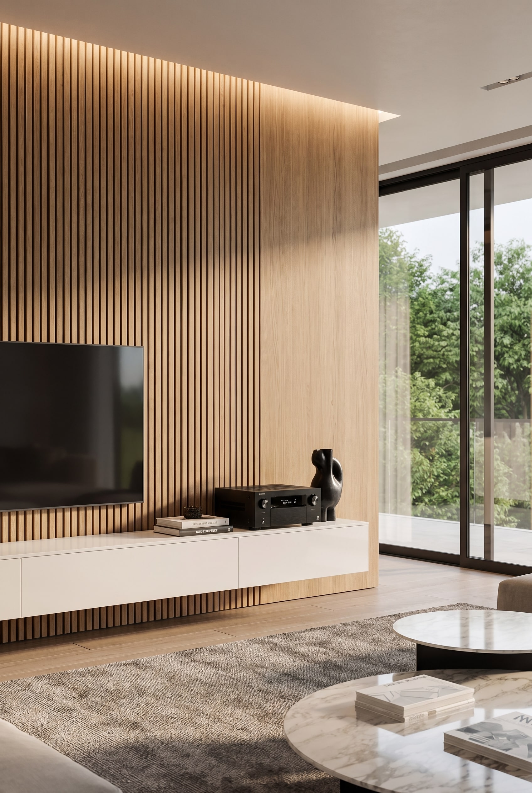 Mur TV à lamelles en bois et un meuble bas noir, configuré individuellement, comme contraste dans un salon lumineux