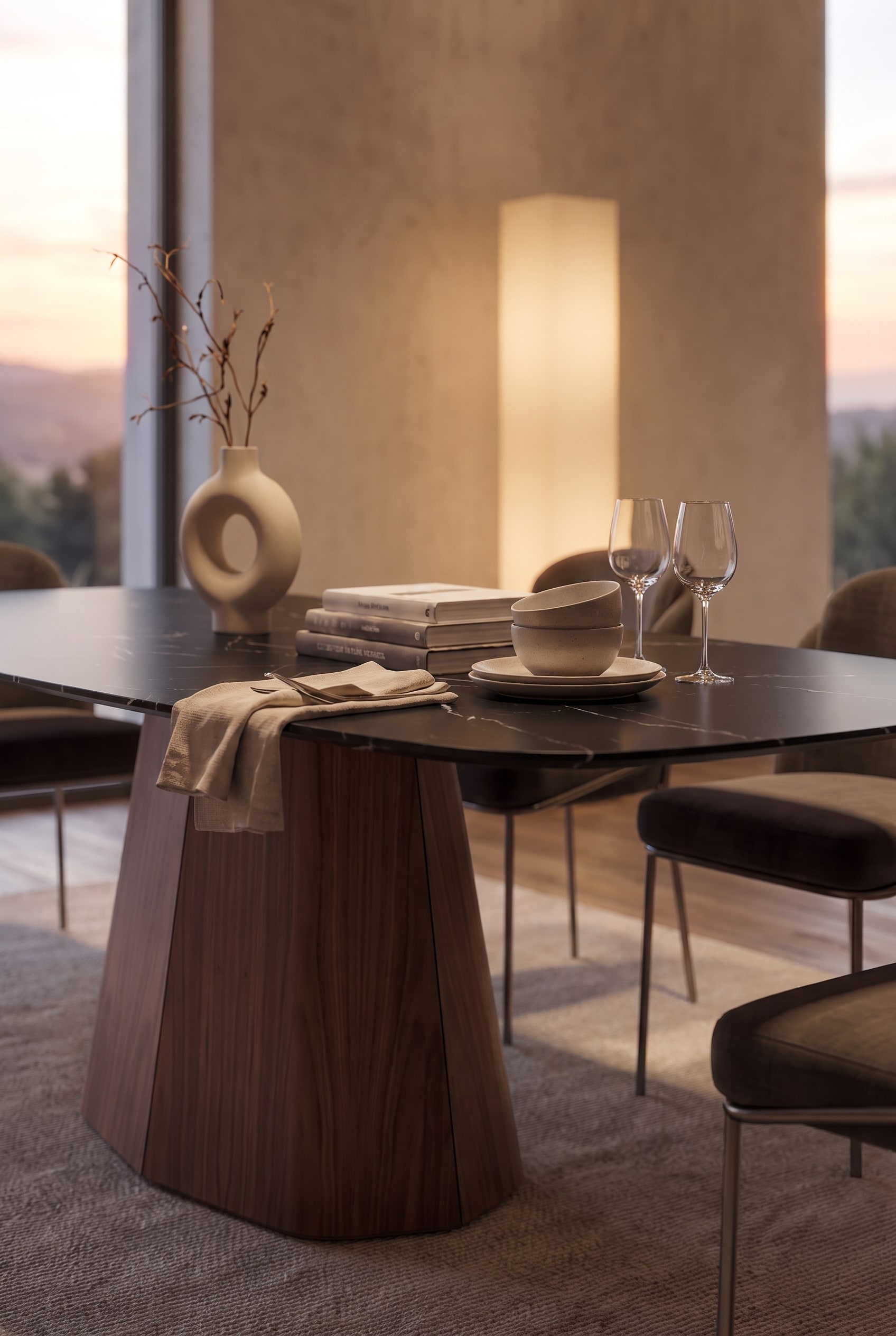 Table dress&eacute;e en d&eacute;tail avec des bols en c&eacute;ramique mats, des serviettes en tissu et des verres &agrave; vin dans une lumi&egrave;re d'ambiance.