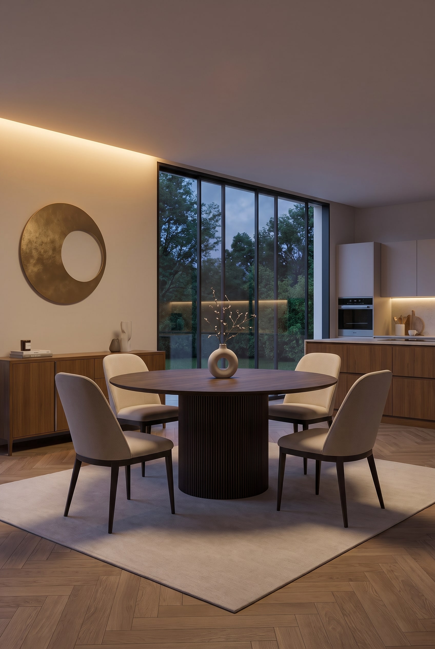 Salle &agrave; manger italienne moderne avec table &agrave; manger ronde en bois fonc&eacute;, pi&egrave;tement rainur&eacute; et quatre chaises rembourr&eacute;es claires dans une lumi&egrave;re chaude