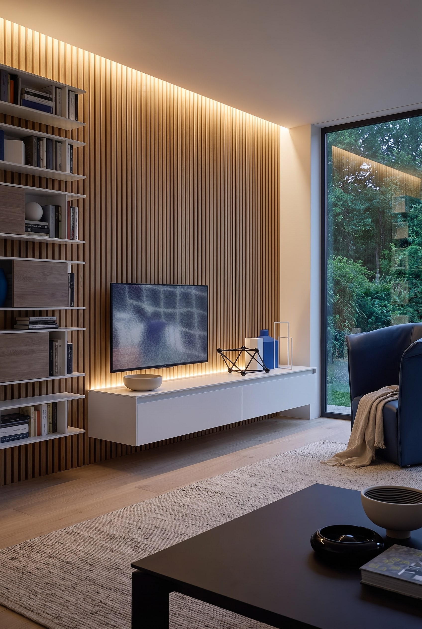 Salon avec une vue dégagée sur l'extérieur, un mur à lattes de bois et un meuble TV bas suspendu en beige mat