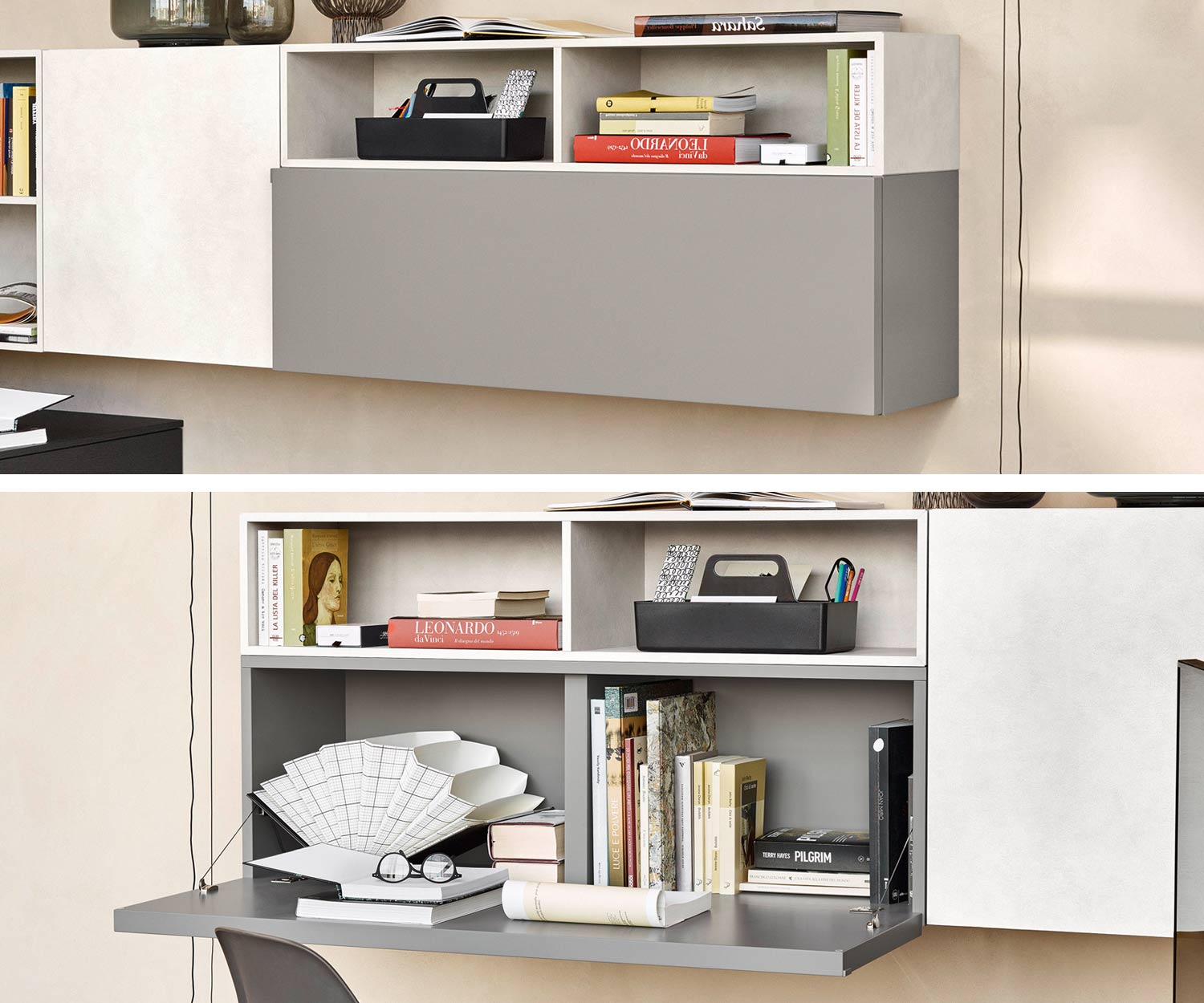 Livitalia Cartesio wandmeubel met onzichtbaar scharnierend bureau Livitalia Cartesio wandmeubel met onzichtbaar scharnierend bureau