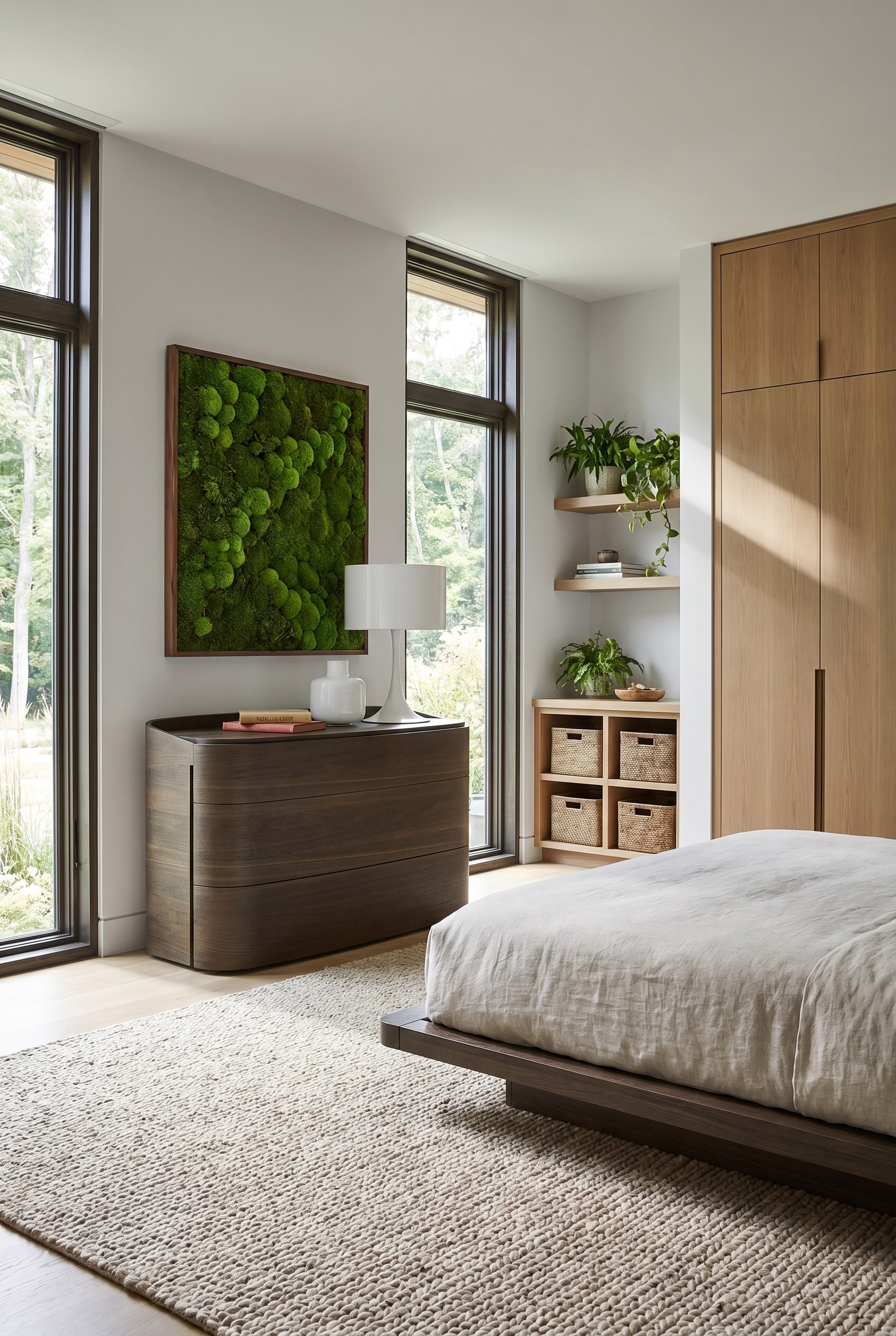 Chambre minimaliste avec commode marron fonc&eacute; aux coins arrondis, au-dessus un tableau v&eacute;g&eacute;tal et une lampe de table blanche