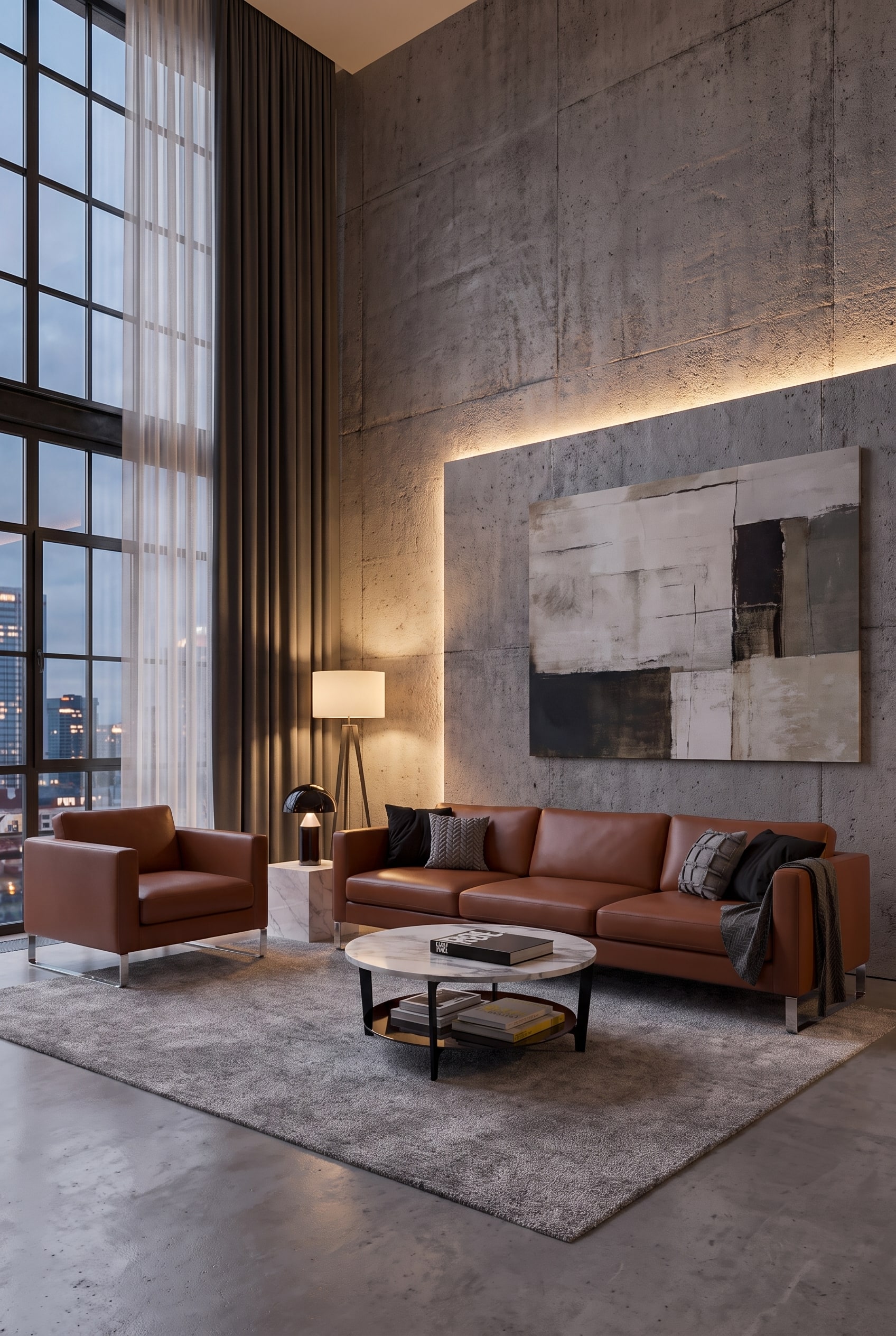 Loft industriel avec mur en b&eacute;ton apparent et un large canap&eacute; en cuir marron au centre de la pi&egrave;ce
