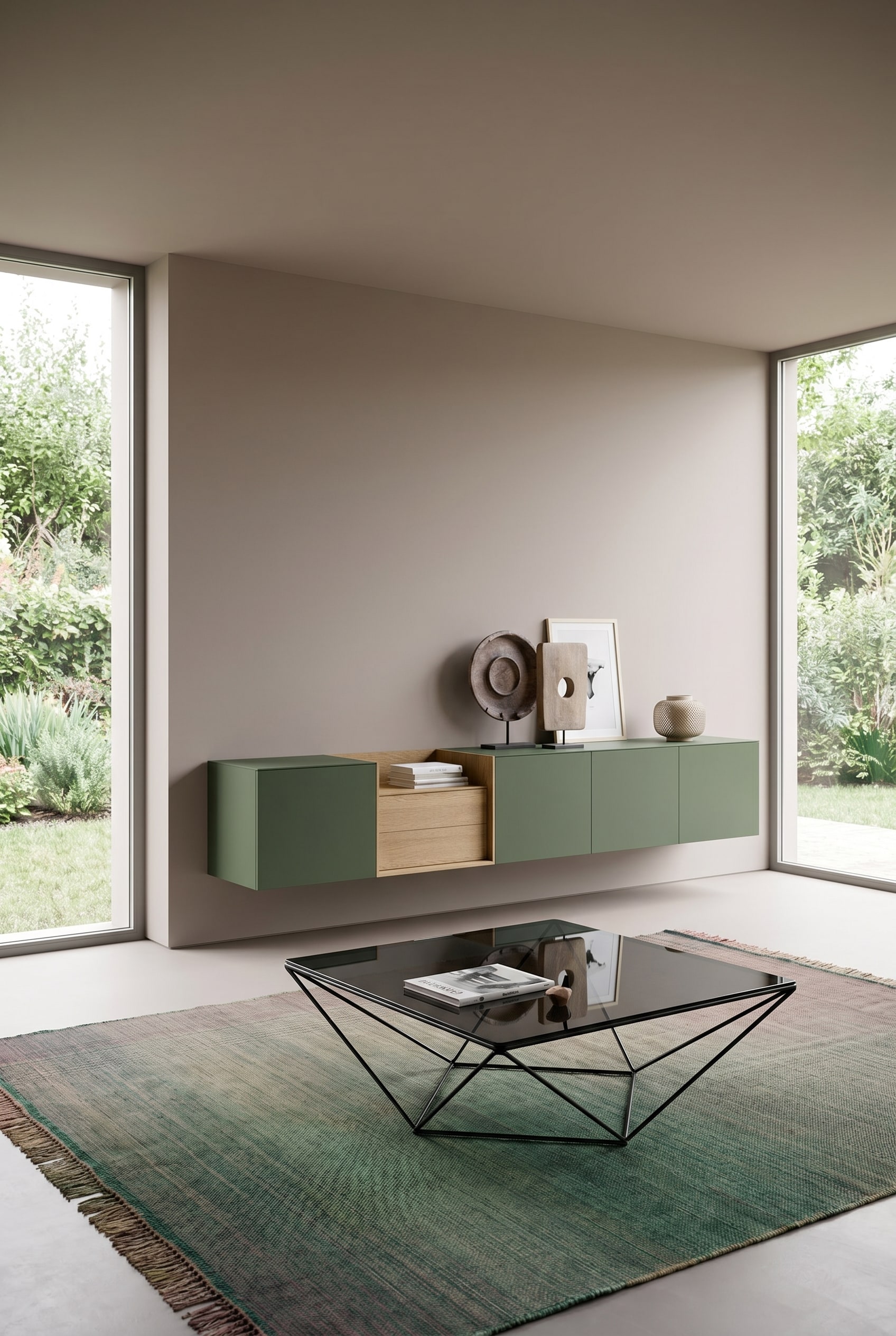 Salon minimaliste avec mur peint en taupe sans raccord et buffet mural flottant en vert olive mat