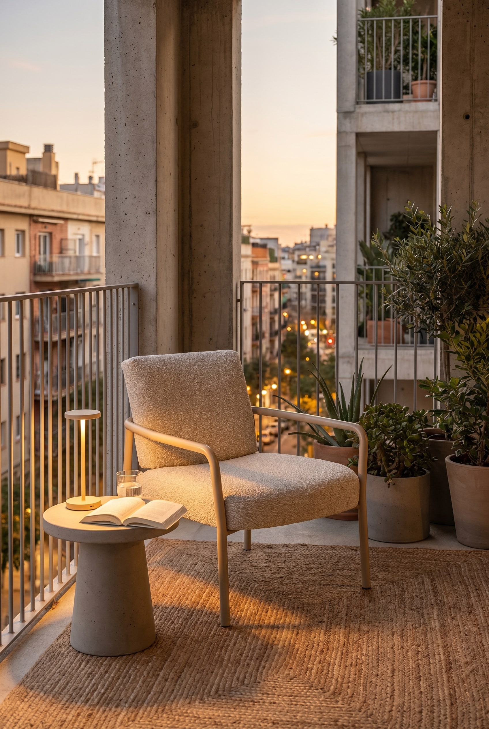 Coin de balcon avec un fauteuil lounge beige, une petite table d'appoint et une lampe &agrave; batterie &agrave; lumi&egrave;re chaude &agrave; c&ocirc;t&eacute; d'un mur en b&eacute;ton