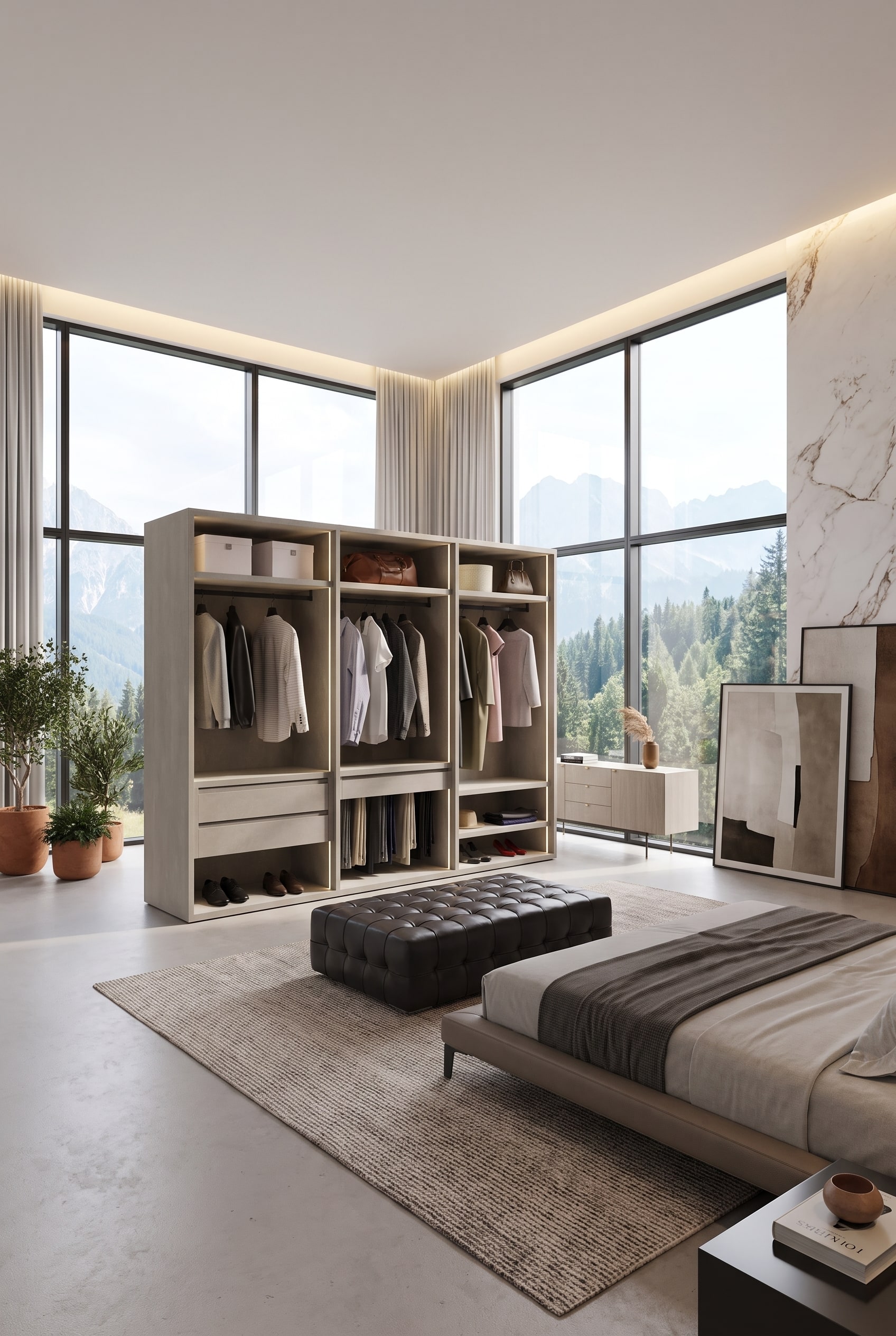 Armoire ouverte autoportante sans portes, aspect ch&ecirc;ne, servant de s&eacute;parateur de pi&egrave;ce dans une grande chambre lumineuse