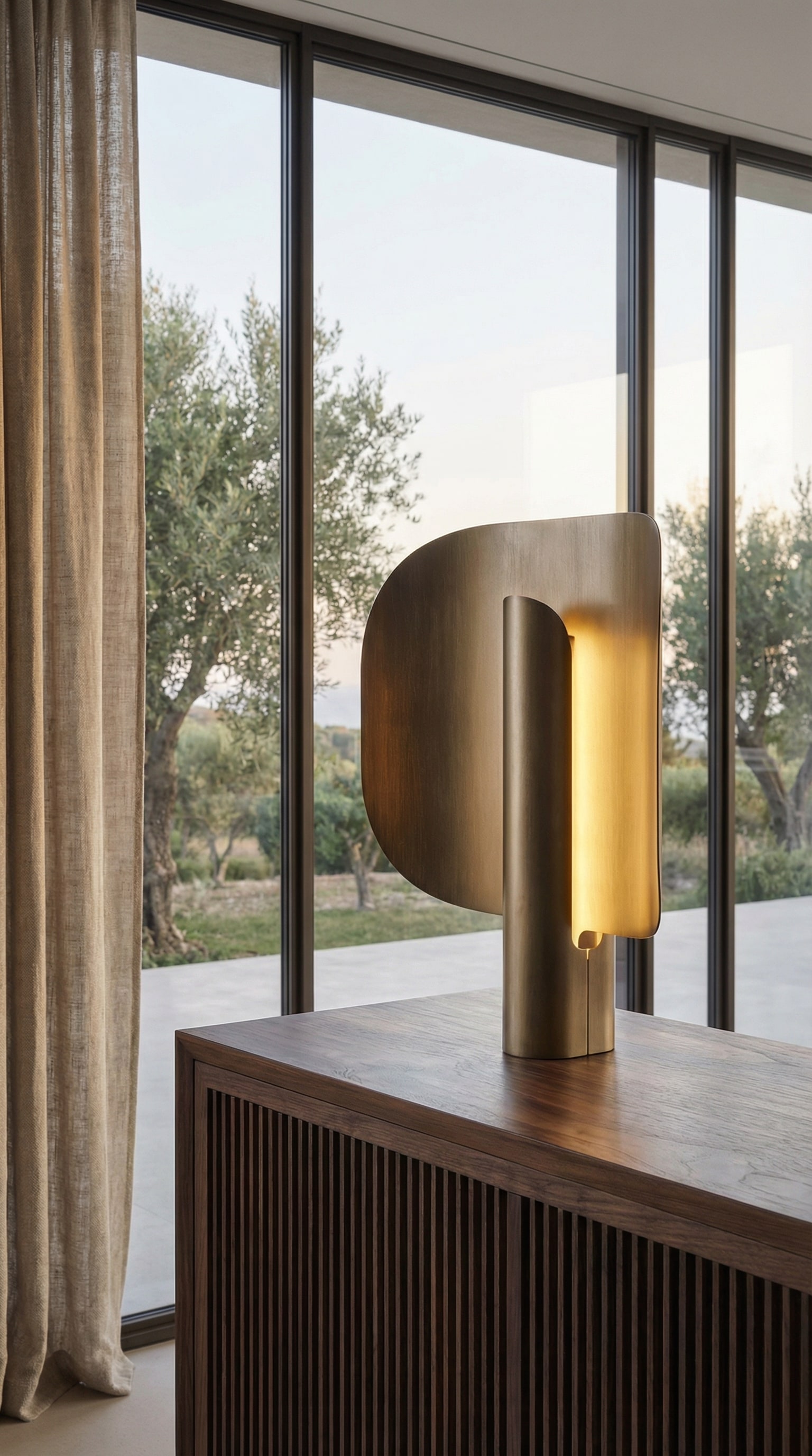 Lampe Punt Stockholm sur une élégante commode en bois dans une pièce baignée de lumière. Lampe Punt Stockholm sur une élégante commode en bois dans une pièce baignée de lumière.