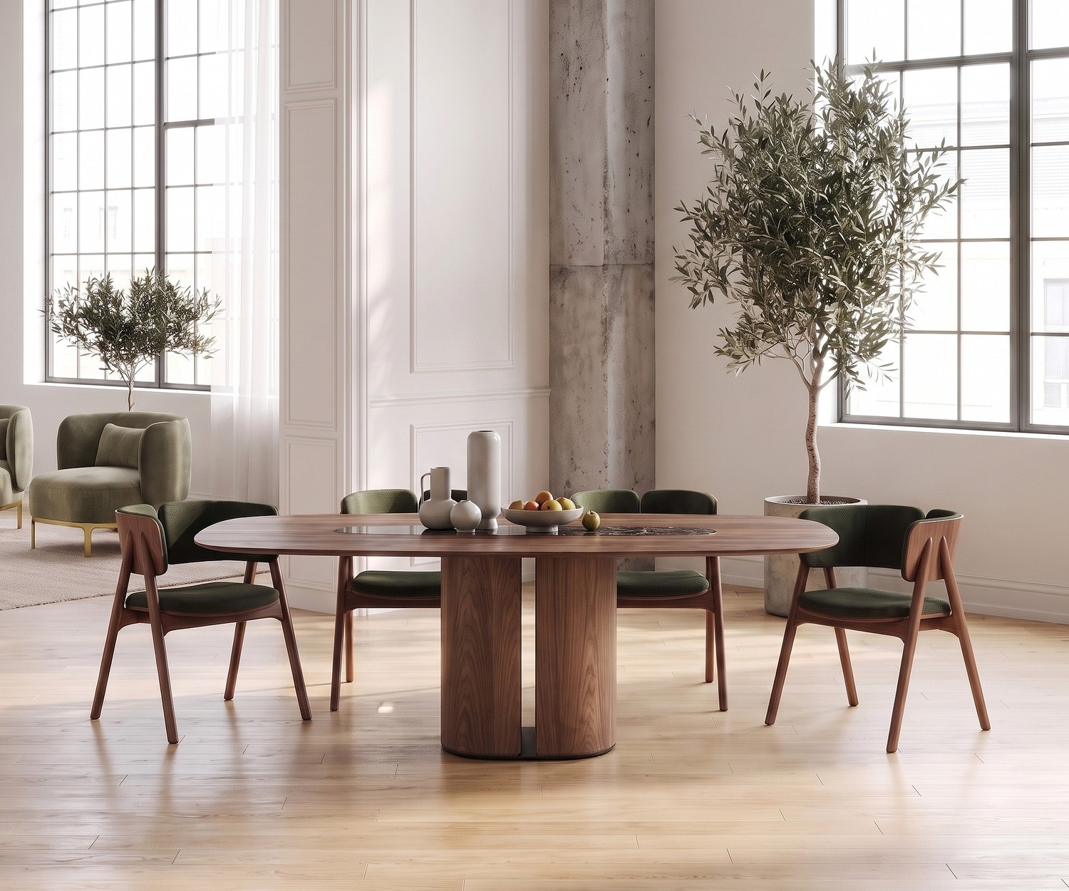 al2 el-it c 001 ovale houten design eettafel al2 el-it c 001 eettafel van hout voor de eetkamer, in een lichte, moderne loft met groene designstoelen.