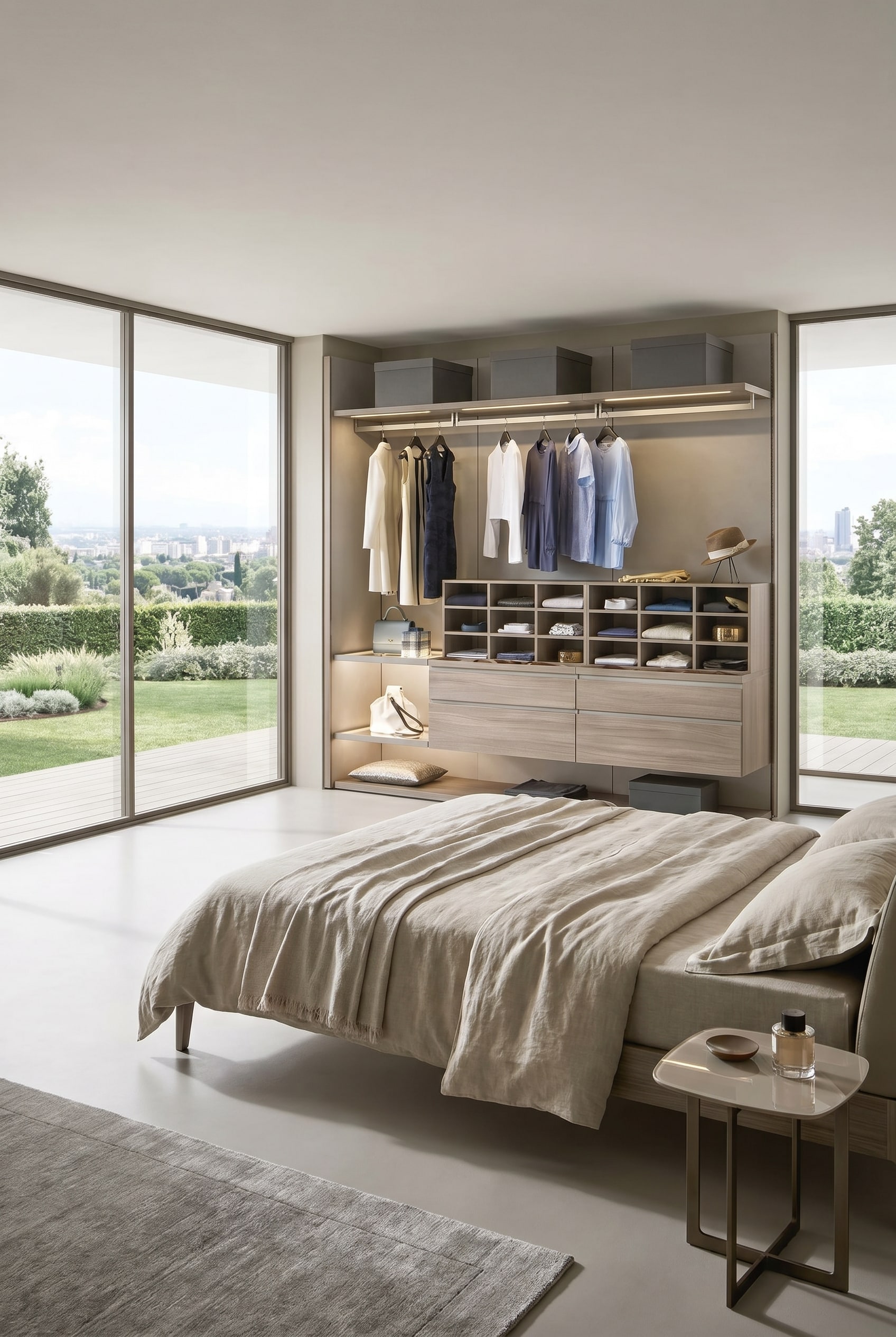 Chambre moderne avec fenêtres pleine hauteur et système de dressing ouvert en bois avec éclairage LED chaleureux