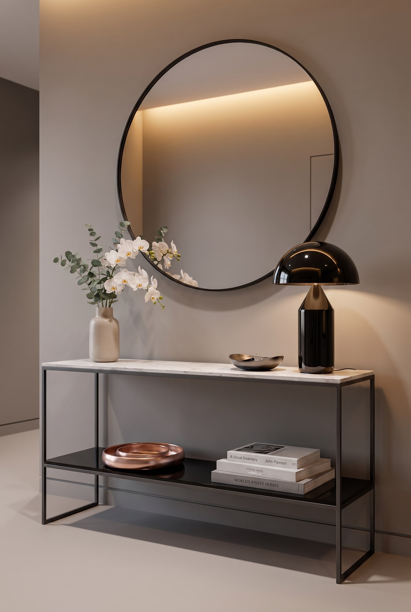 Console Marelli Frame minimaliste avec plateau en céramique insensible dans l'entrée.