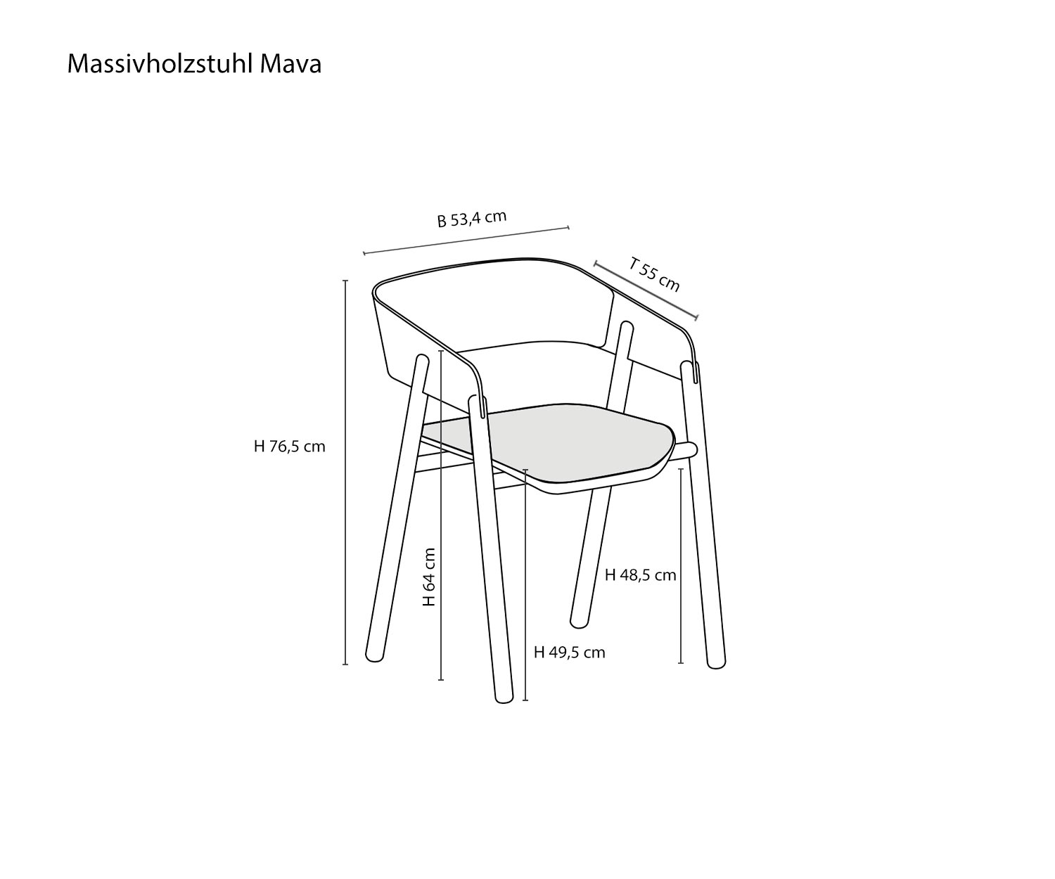 Design houten stoel Mava van Punt Schets Afmetingen Afmetingen Informatie over de afmetingen