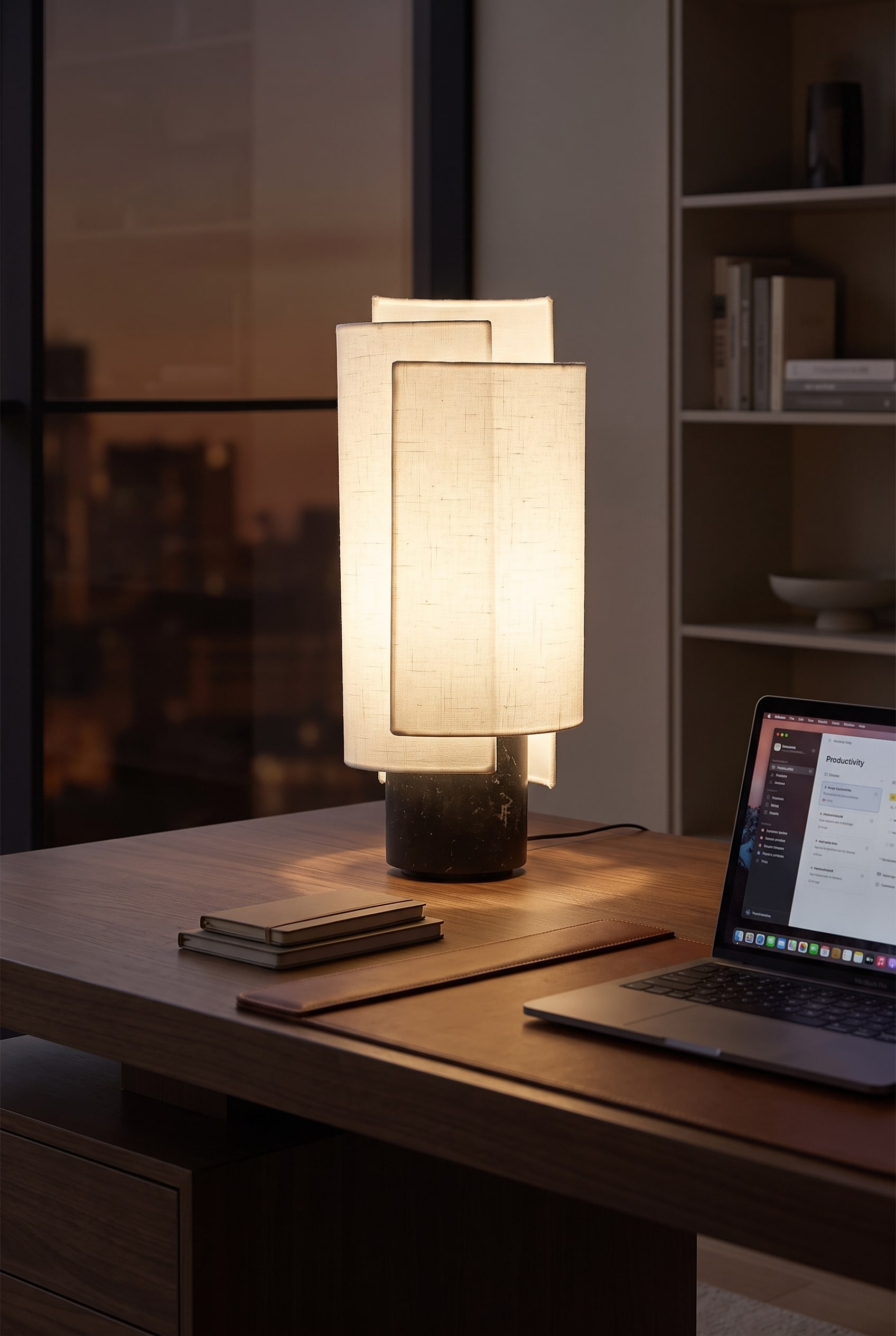 Bureau en marbre fonc&eacute; avec une &eacute;l&eacute;gante lampe de table en pierre noire et abat-jour en textile clair devant une fen&ecirc;tre