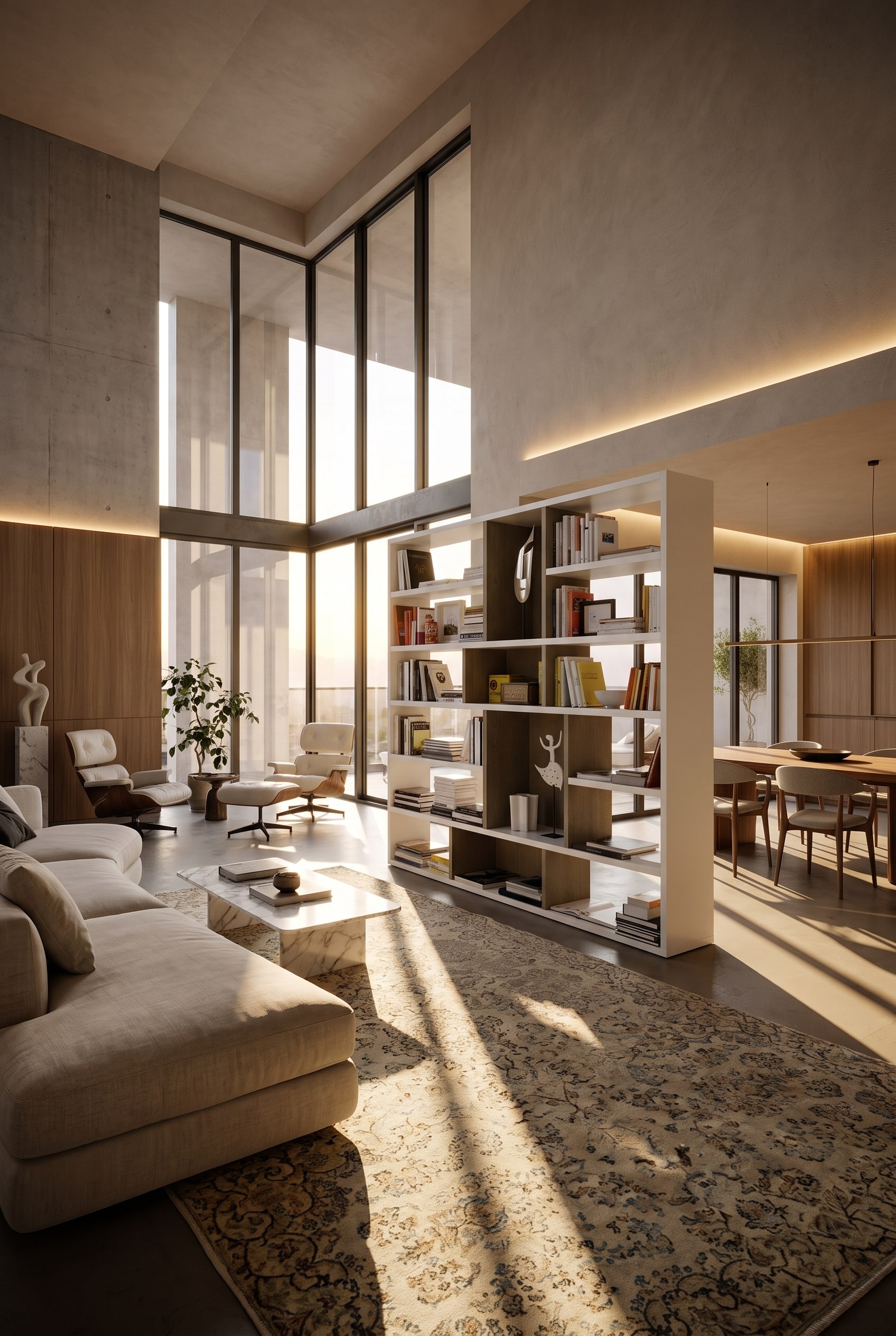 Loft baign&eacute; de lumi&egrave;re avec une &eacute;tag&egrave;re s&eacute;parateur de pi&egrave;ce blanche ouverte, qui s&eacute;pare avec style l'espace salle &agrave; manger et le salon