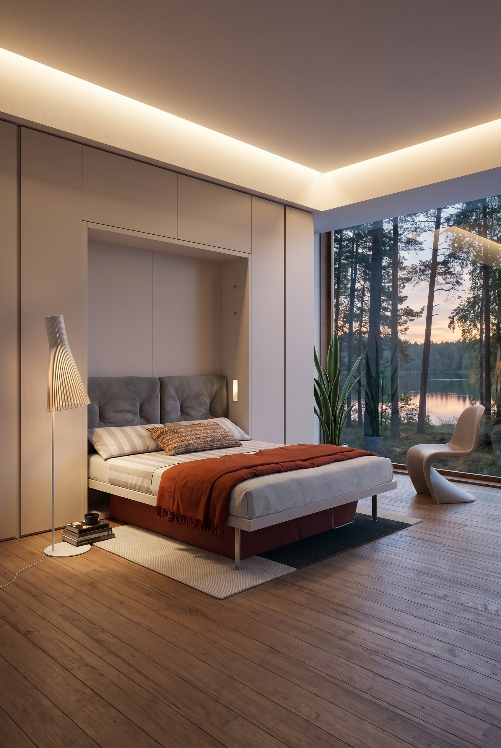 Espace minimaliste avec des façades d'armoires lisses et sans poignées, en laque mate, derrière lesquelles se cache un lit escamotable affleurant