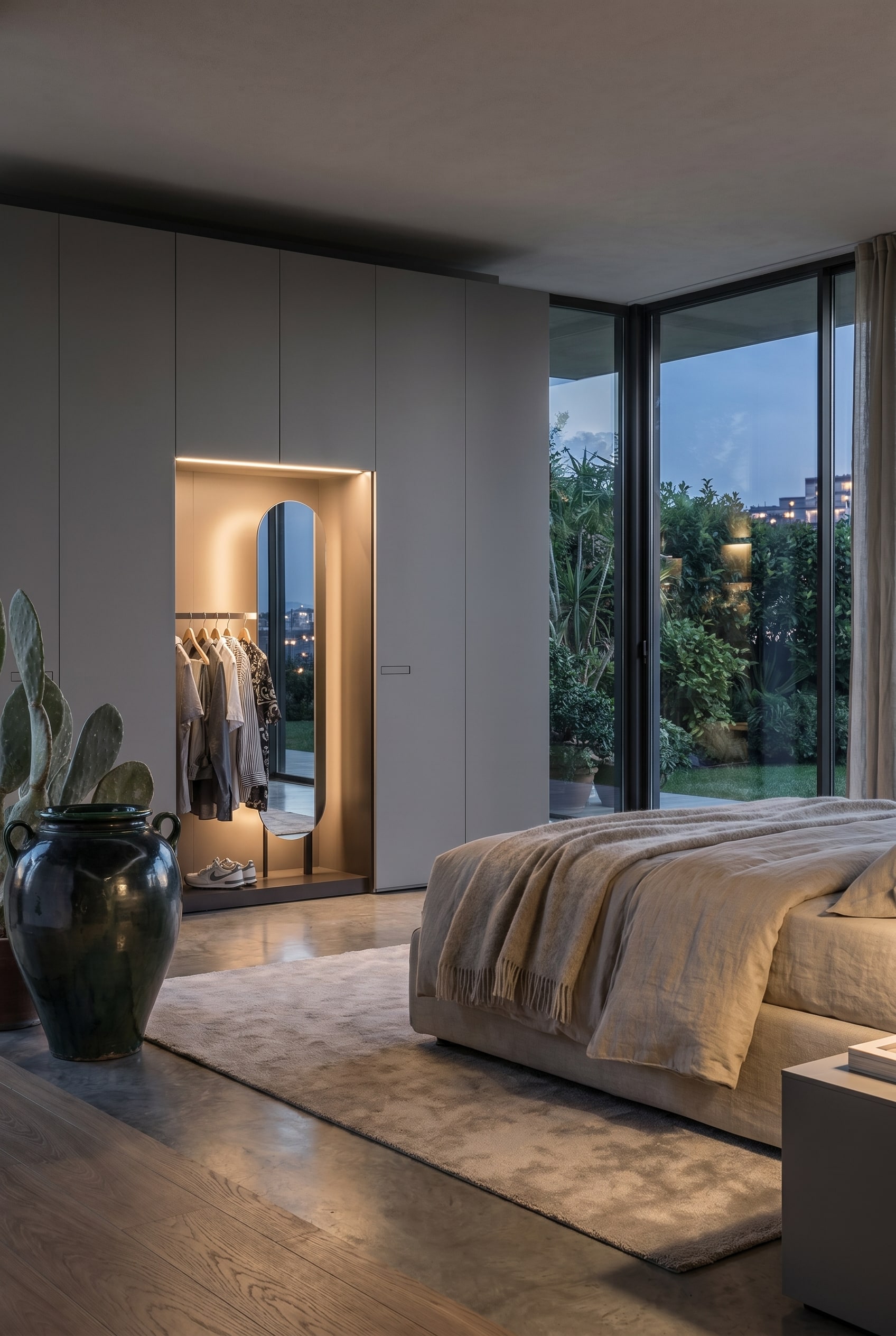 Grande armoire grise, au centre de laquelle est int&eacute;gr&eacute; un compartiment ouvert avec une tringle &agrave; v&ecirc;tements, un miroir mural ovale et des baskets pos&eacute;es