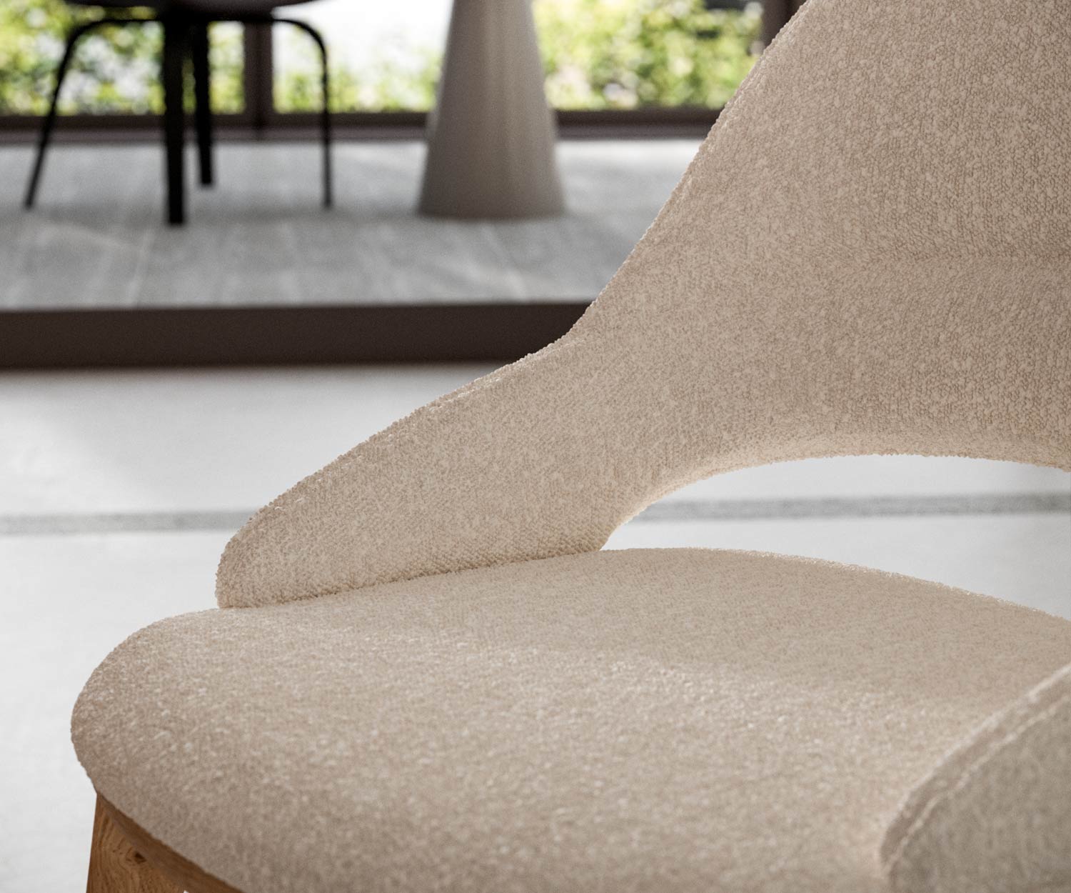 Modern gestoffeerde stoel met beige leer en bruin eiken onderstel Modern gestoffeerde stoel met beige leer en bruin eiken onderstel