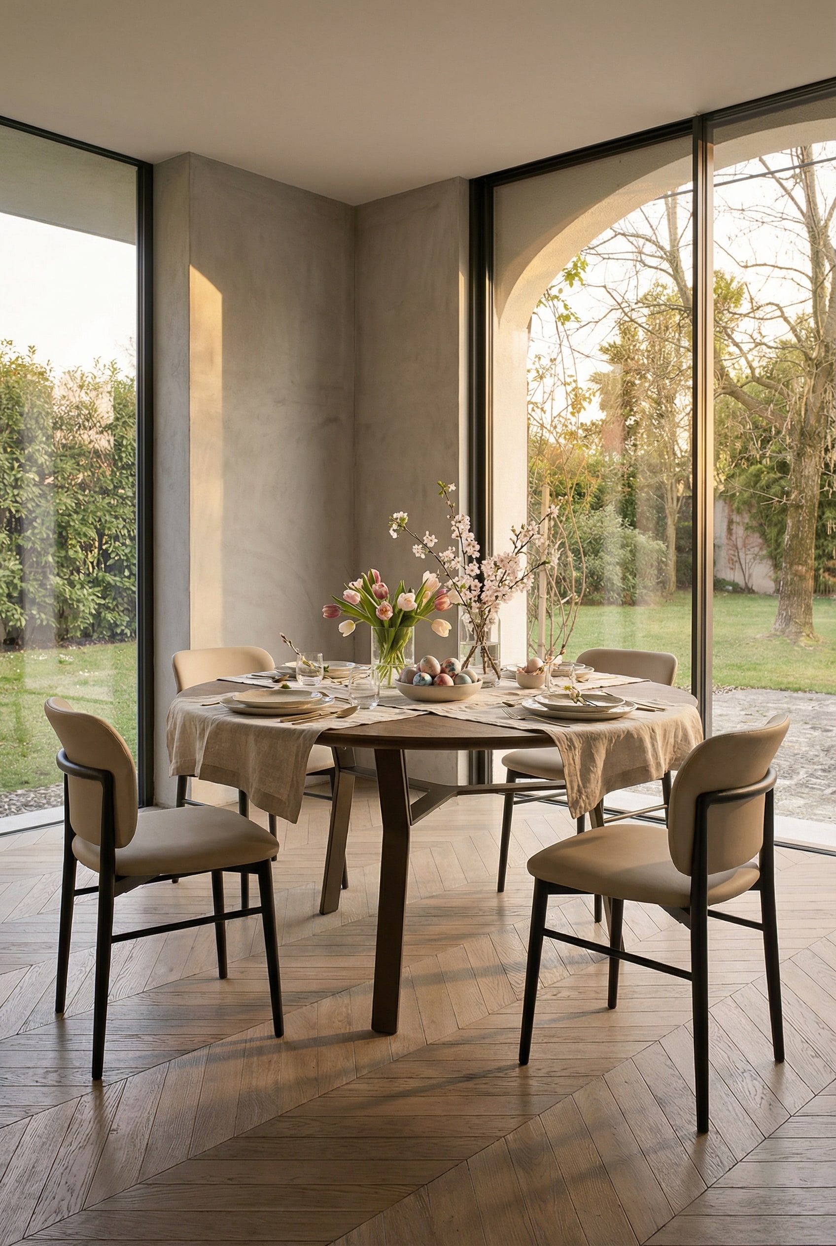 Table &agrave; manger Livitalia Iron avec plateau en bois massif et pi&egrave;tement m&eacute;tallique filigrane dans une salle &agrave; manger moderne