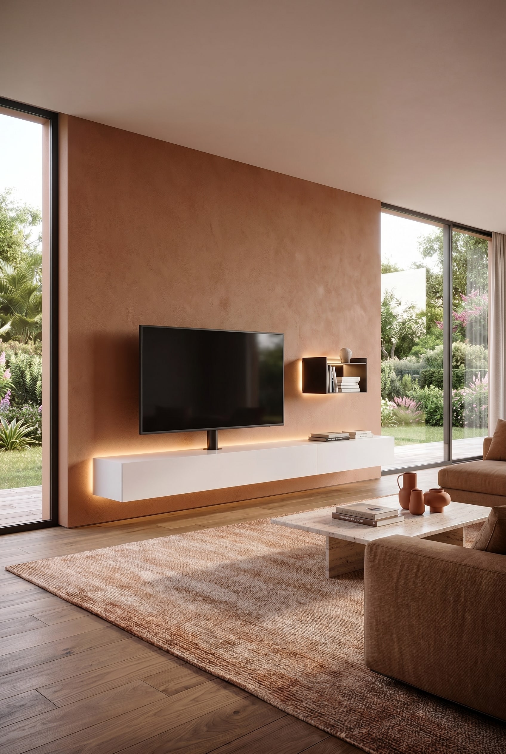 Meuble bas blanc minimaliste avec support TV int&eacute;gr&eacute; et &eacute;cran plat sur un mur aux tons terreux