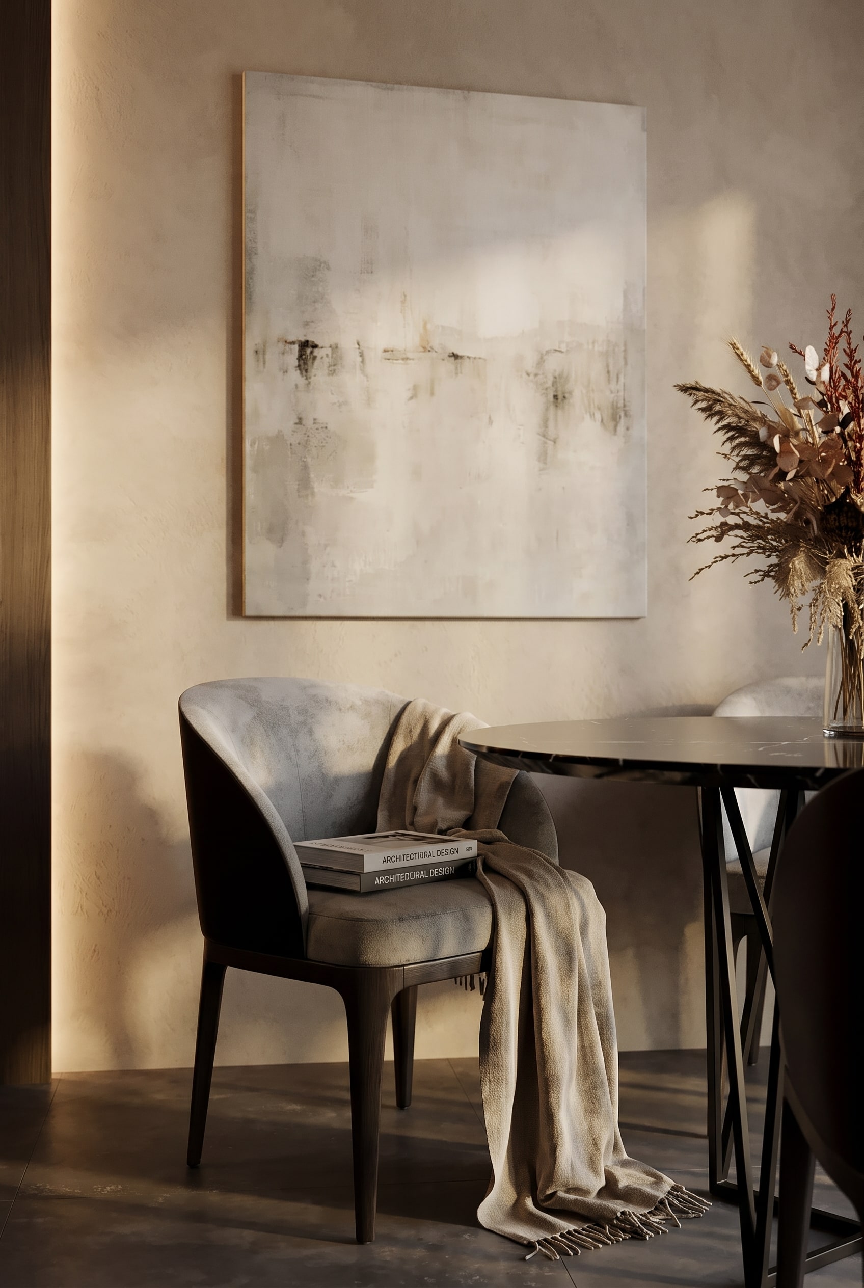 Gros plan d'un fauteuil gris &agrave; une table, en arri&egrave;re-plan un tableau mural plat avec beaucoup d'espace de mouvement