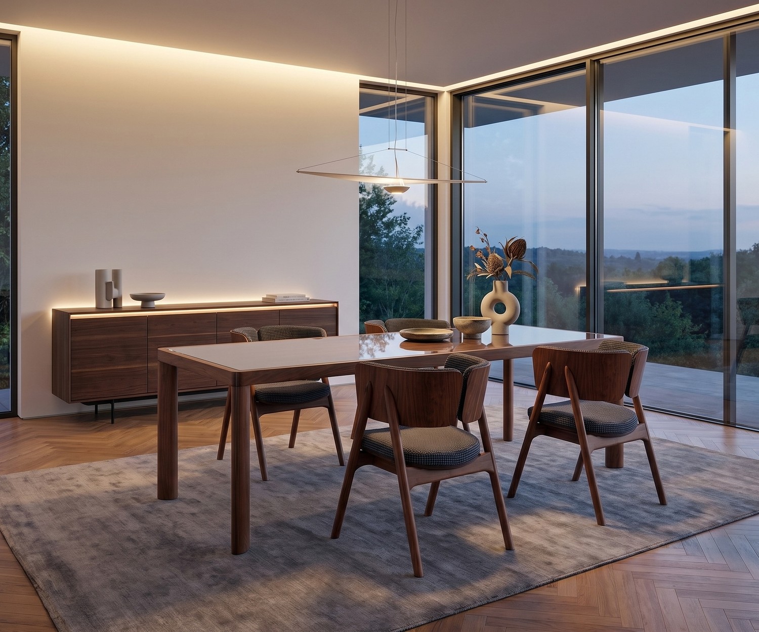 Table à manger design al2 ka-bera 001 b en bois dans une salle à manger moderne avec buffet et grand tapis.