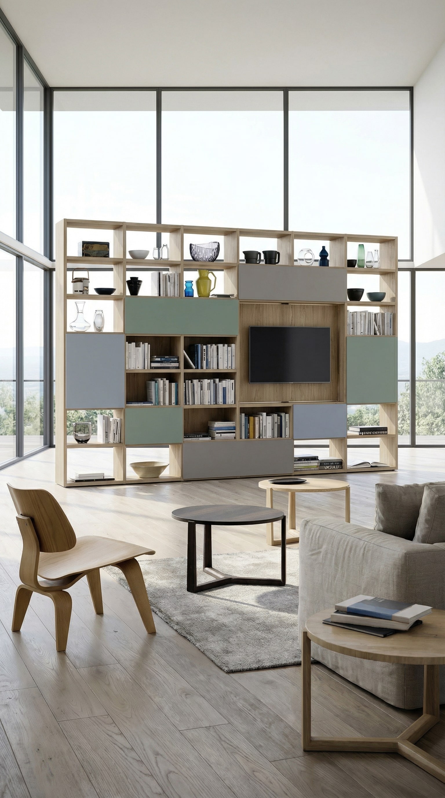 Modulair boekenrek met ge&iuml;ntegreerde tv en verborgen technologie