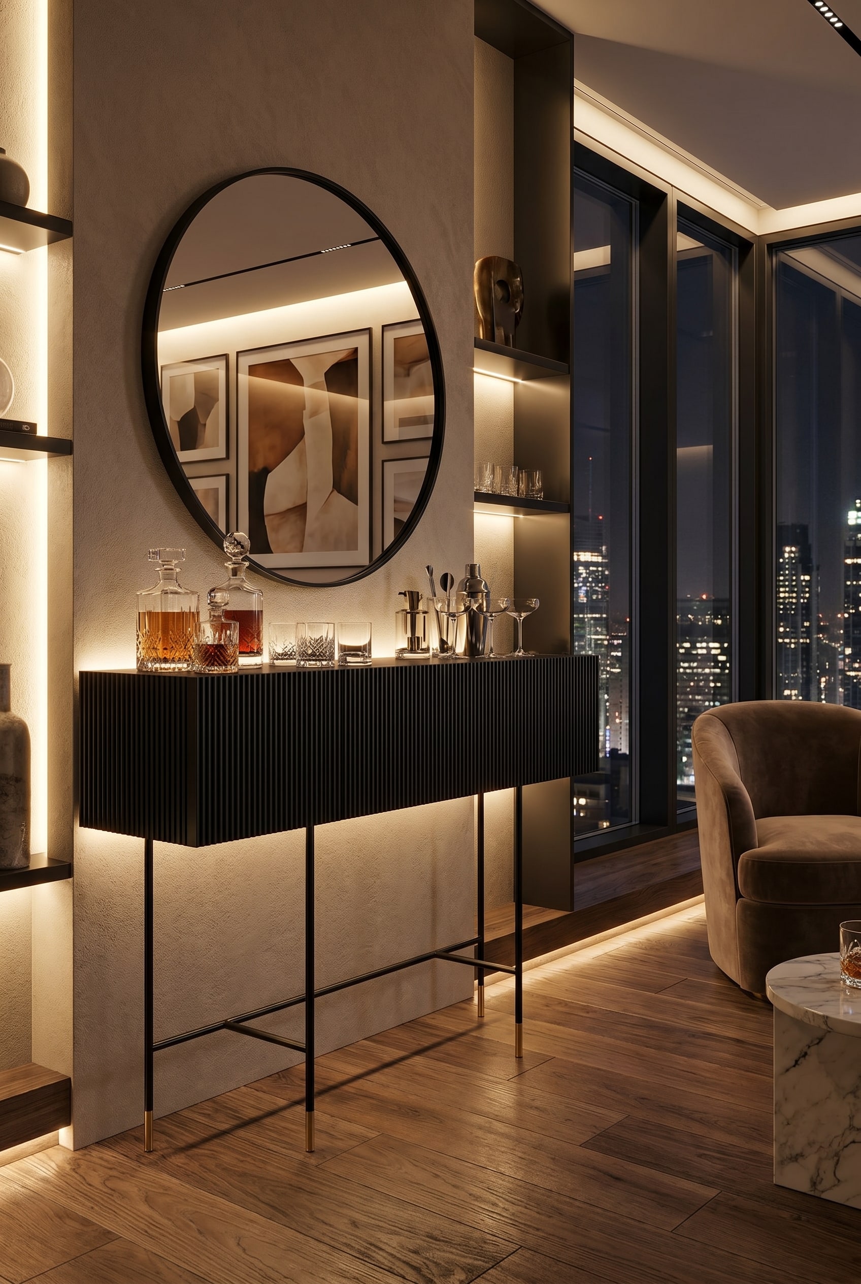 Kompaktes Wohnzimmer mit schmalem, schwarzem Bar-Sideboard mit Rillenstruktur auf hohen, filigranen Metallf&uuml;&szlig;en