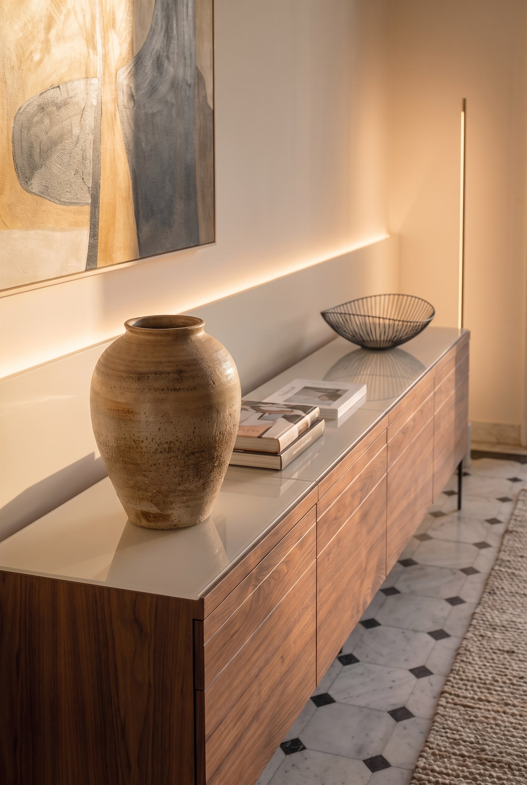 Gros plan d'un buffet en bois avec plateau brillant, décoré d'un vase rustique et de livres.