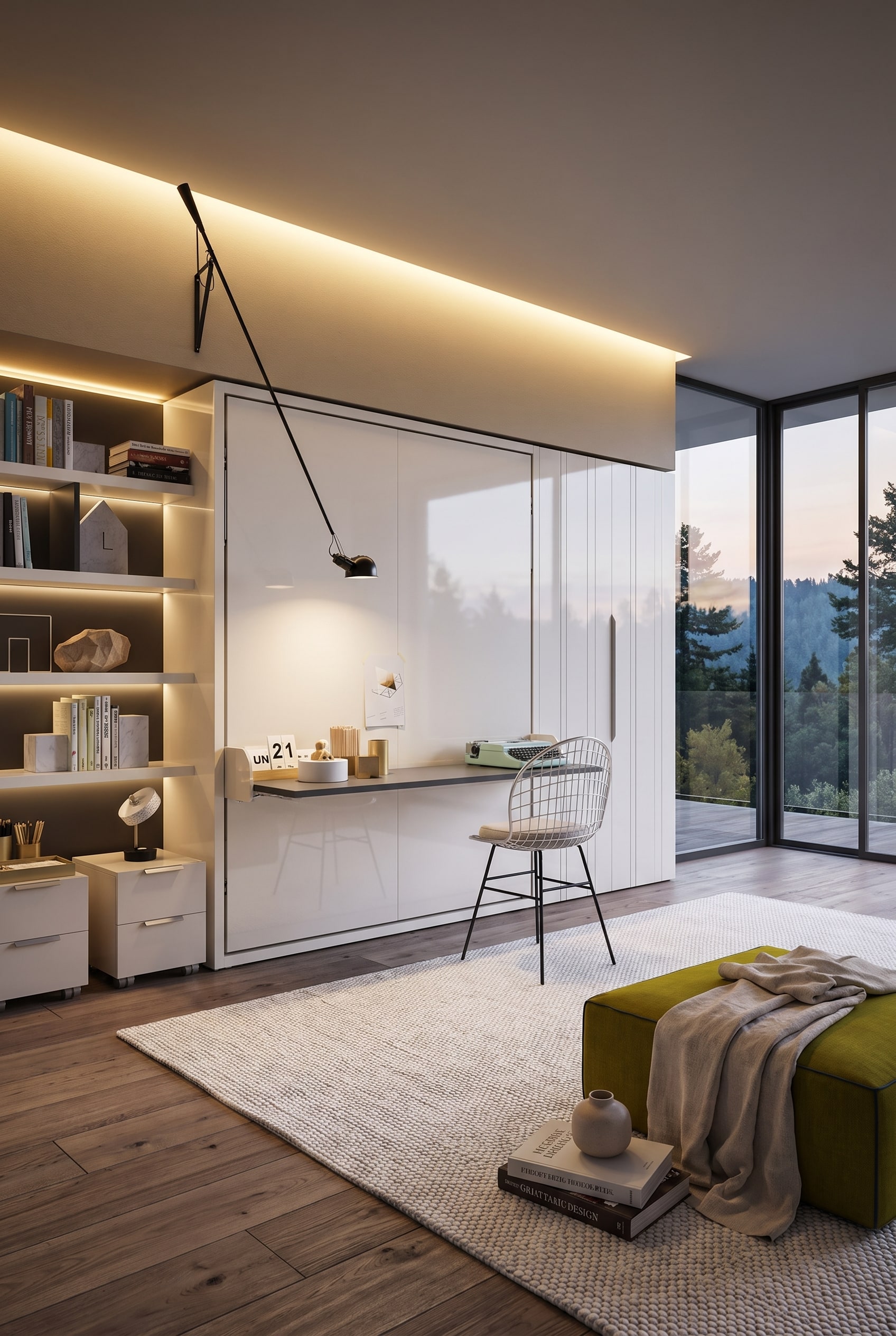 Bureau moderne avec lit escamotable intégré et bureau abaissable horizontalement, ainsi qu'une chaise de bureau devant de grandes fenêtres
