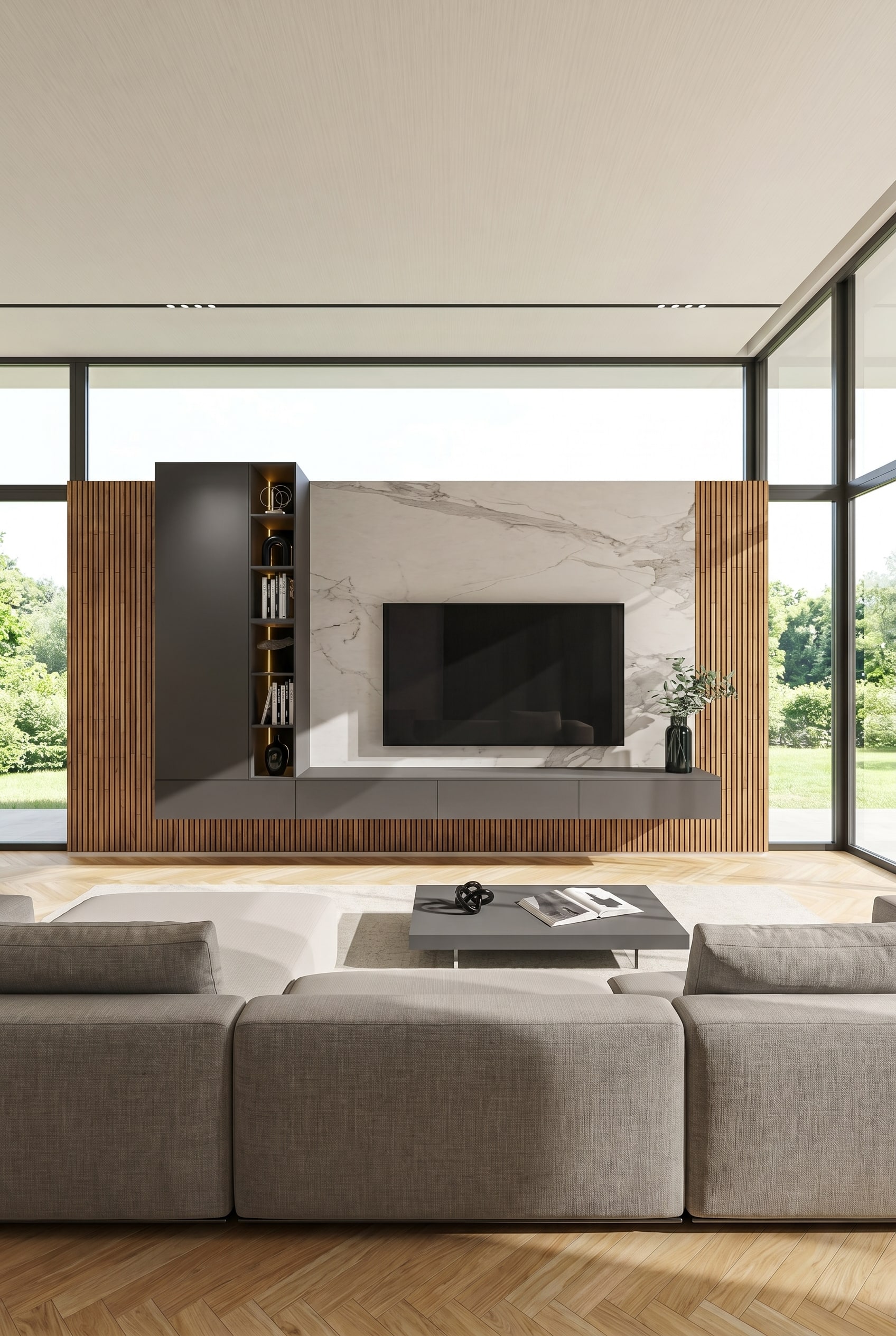 Salon luxueux avec ensemble mural gris, étagère asymétrique, fond en marbre et lattes de bois