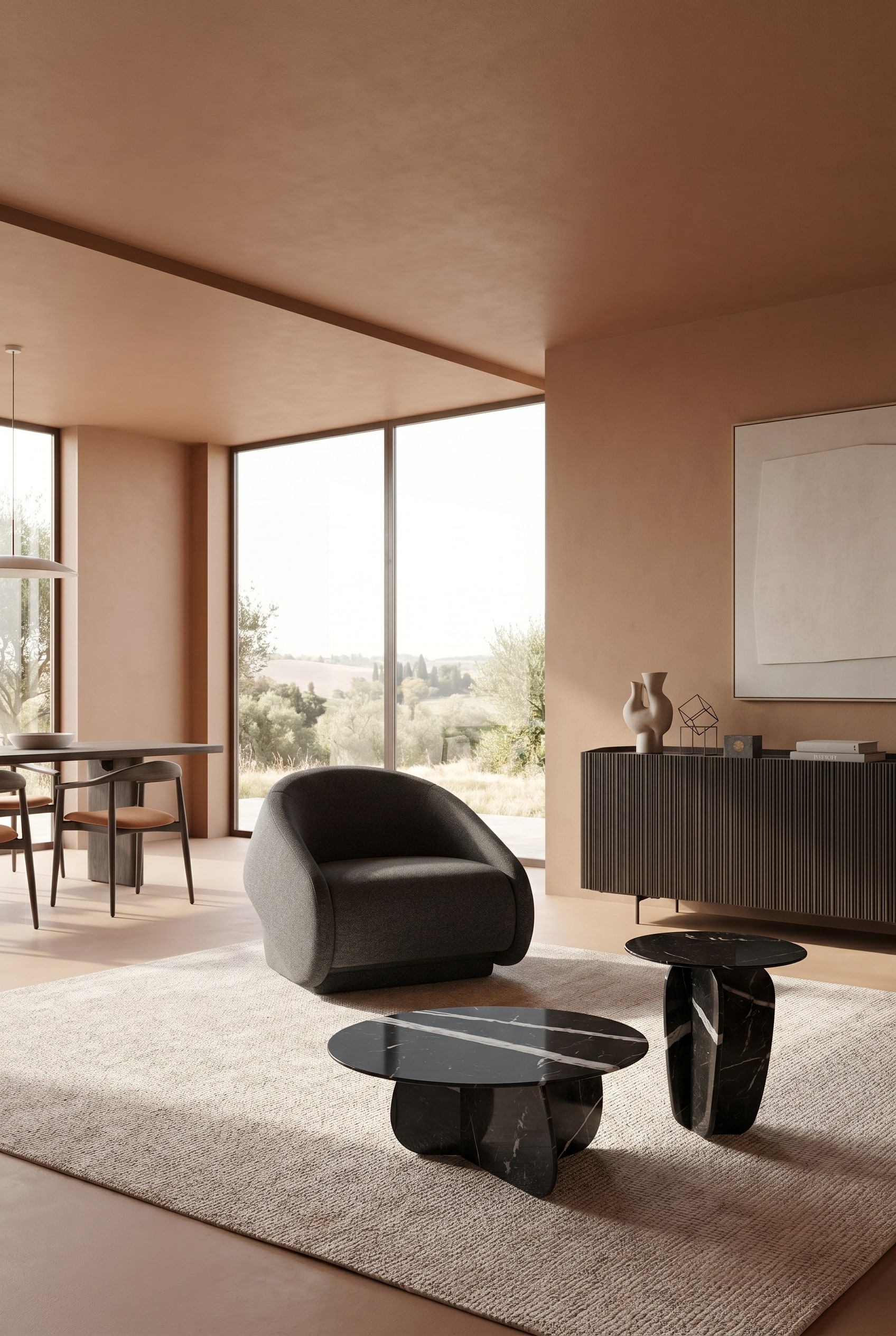 Espace de vie ouvert avec un design de couleur monochrome dans un ton argile chaud et un buffet haut foncé avec façade cannelée
