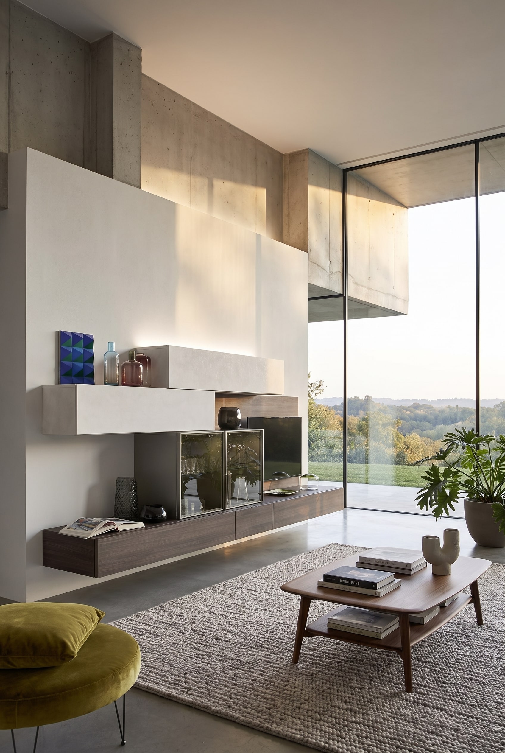 Meuble TV moderne Livitalia C35 avec panneau TV pivotant dans un salon &eacute;l&eacute;gant en forme de L.