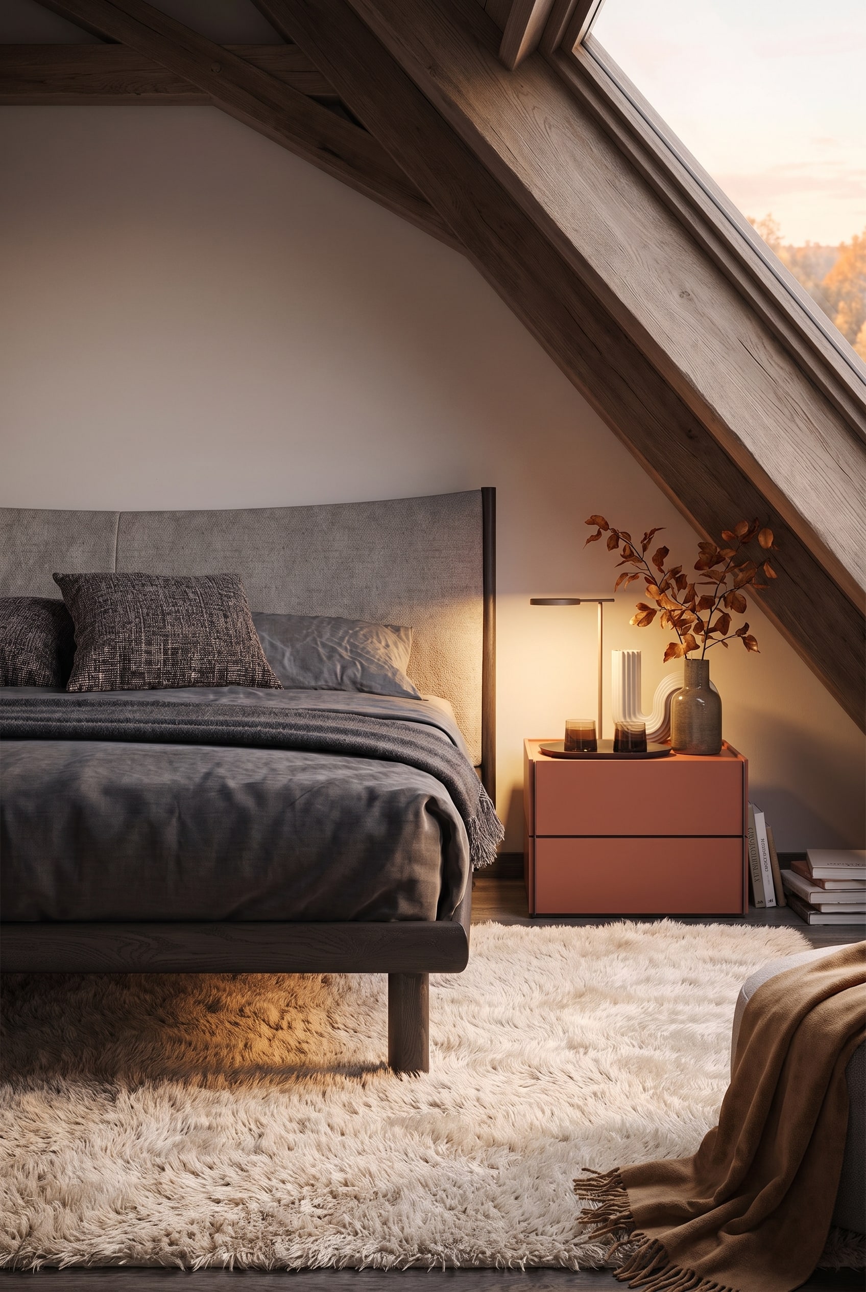 Gros plan d'un lit en bois noble avec une housse en lin textur&eacute;, un tapis &agrave; poils longs et une lampe de chevet minimaliste