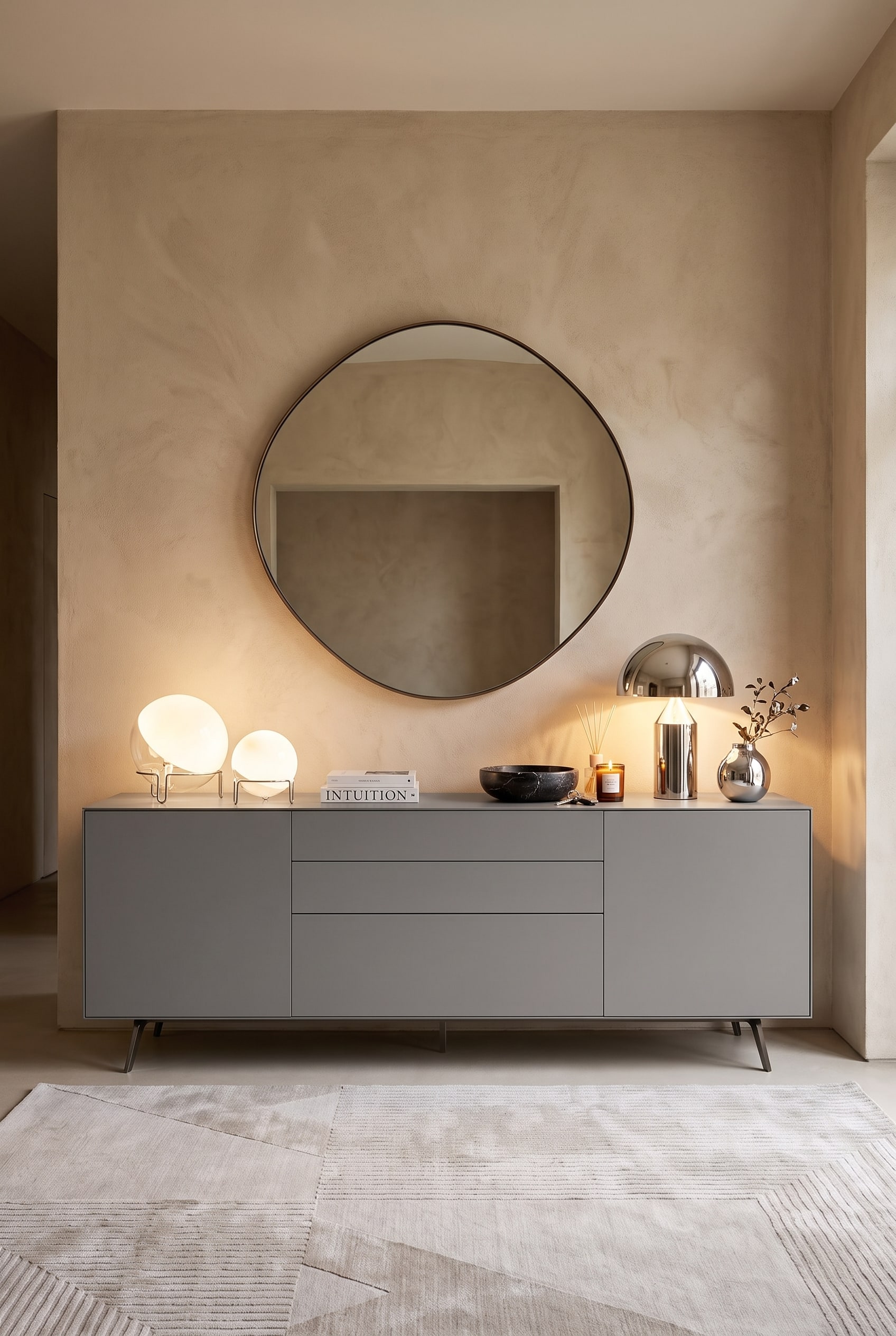 Vue frontale d'un buffet gris mat sur pieds m&eacute;talliques, surmont&eacute; d'un grand miroir rond et de douces lampes de table dans un couloir moderne.