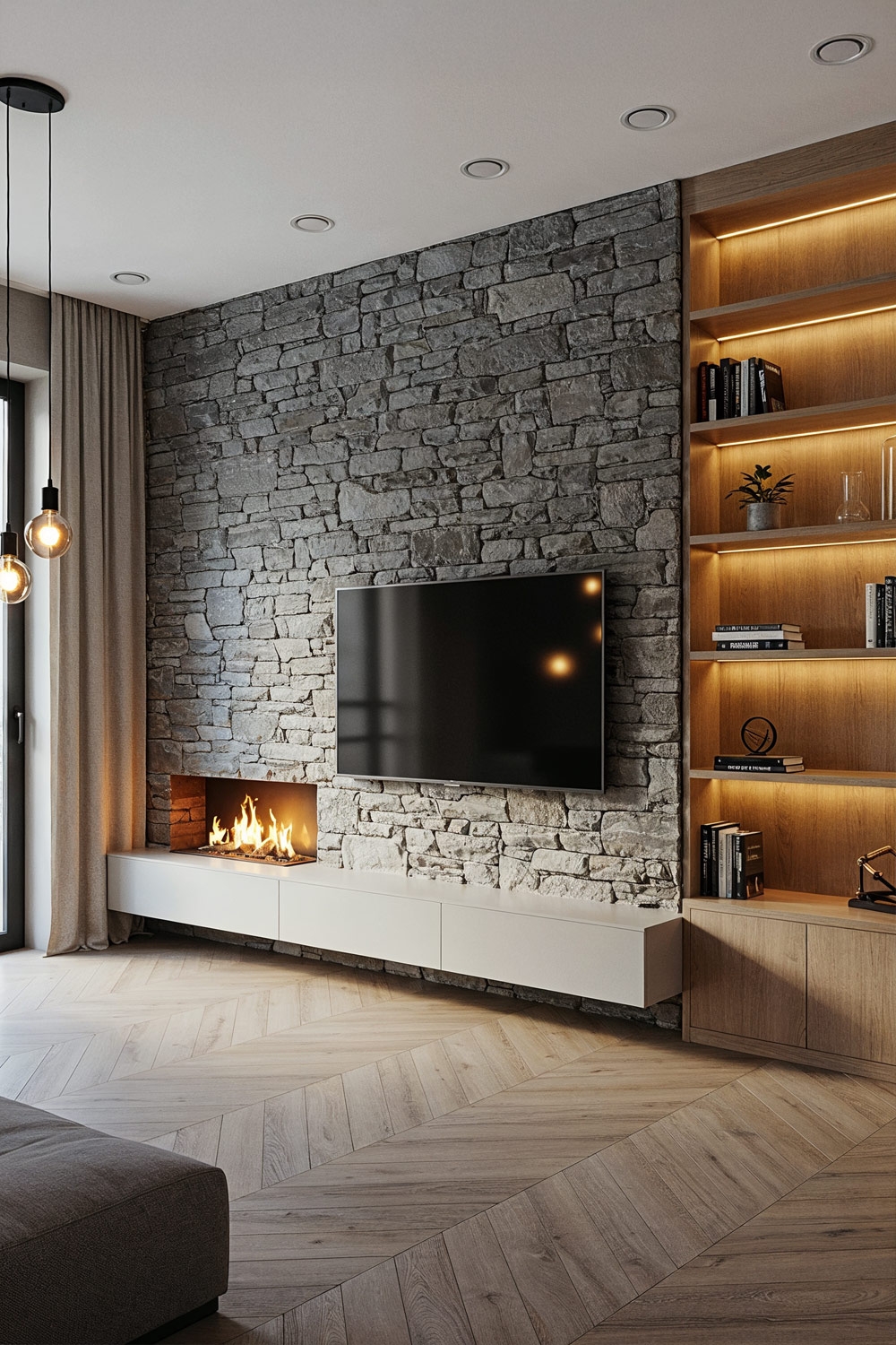 mur-d-etageres-avec-eclairage-et-rempli-de-diverses-decorations