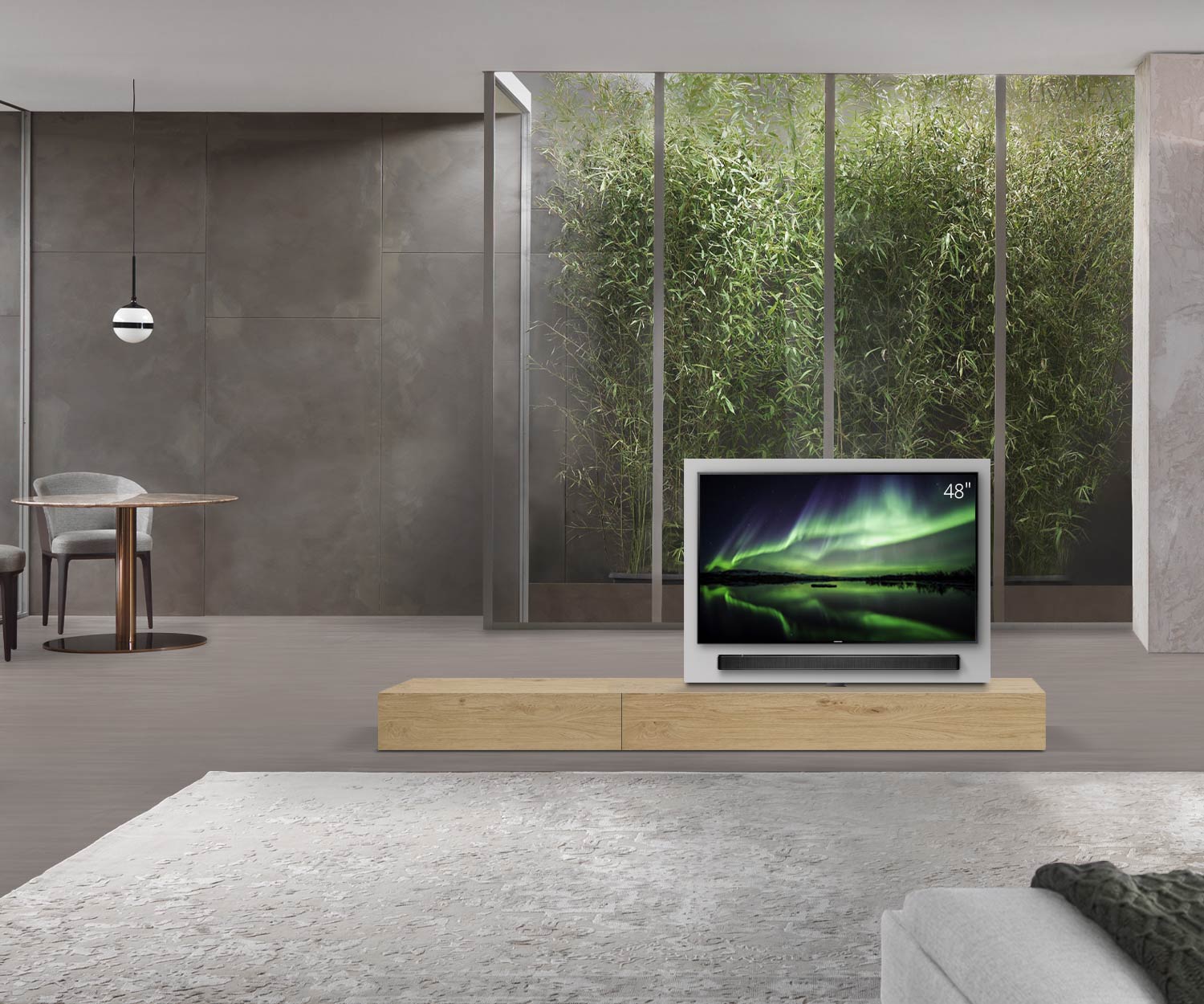 Livitalia Roto design lowboard ruimteverdeler met draaibaar TV-paneel B150 50 H25 D56 EiHe B90li oBox Livitalia Roto design lowboard ruimteverdeler met draaibaar TV-paneel B150 50 H25 D56 EiHe B90li oBox