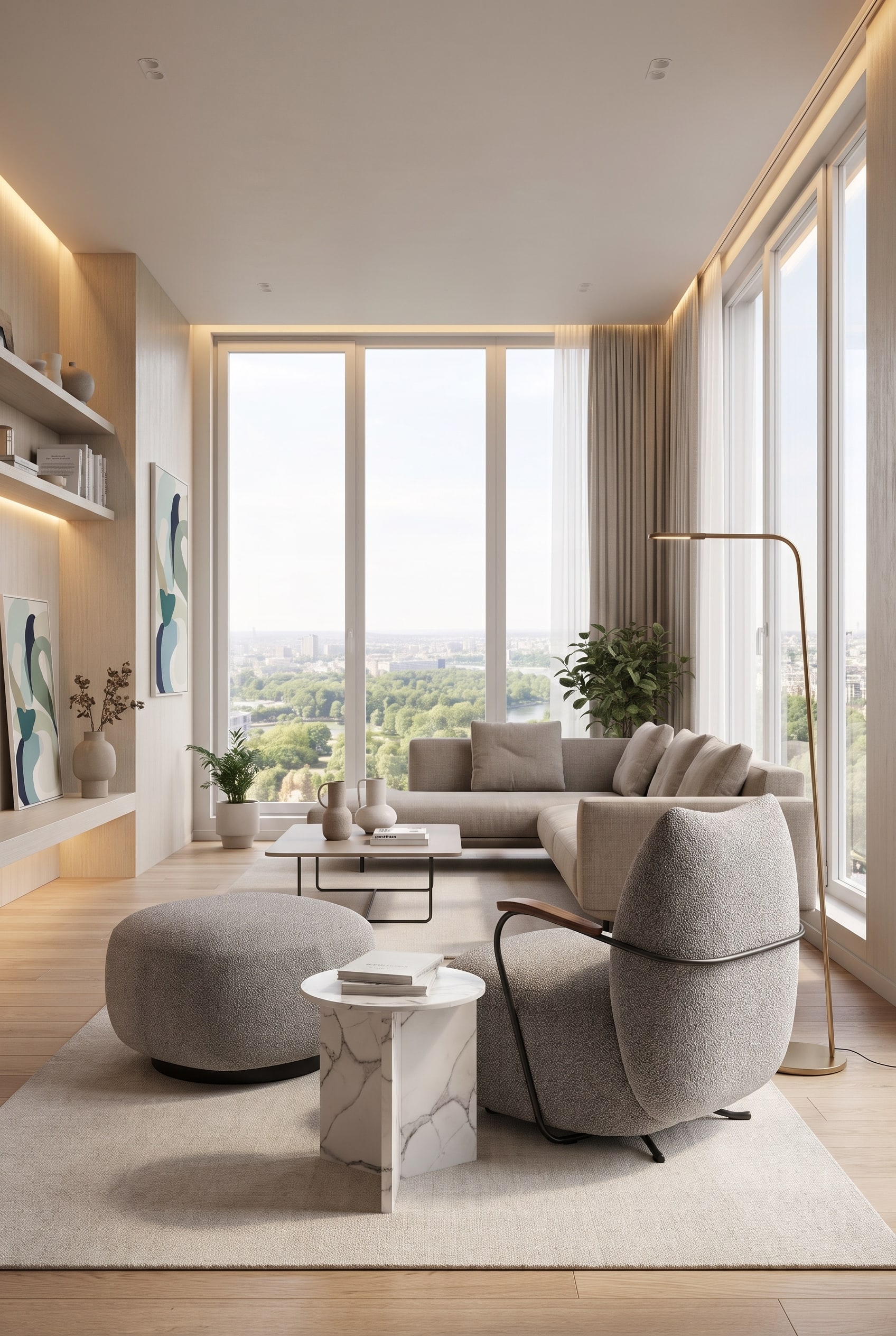 Vue sur un petit salon aménagé de manière moderne, où le fauteuil compact Prostoria Buffa est placé librement dans la pièce.