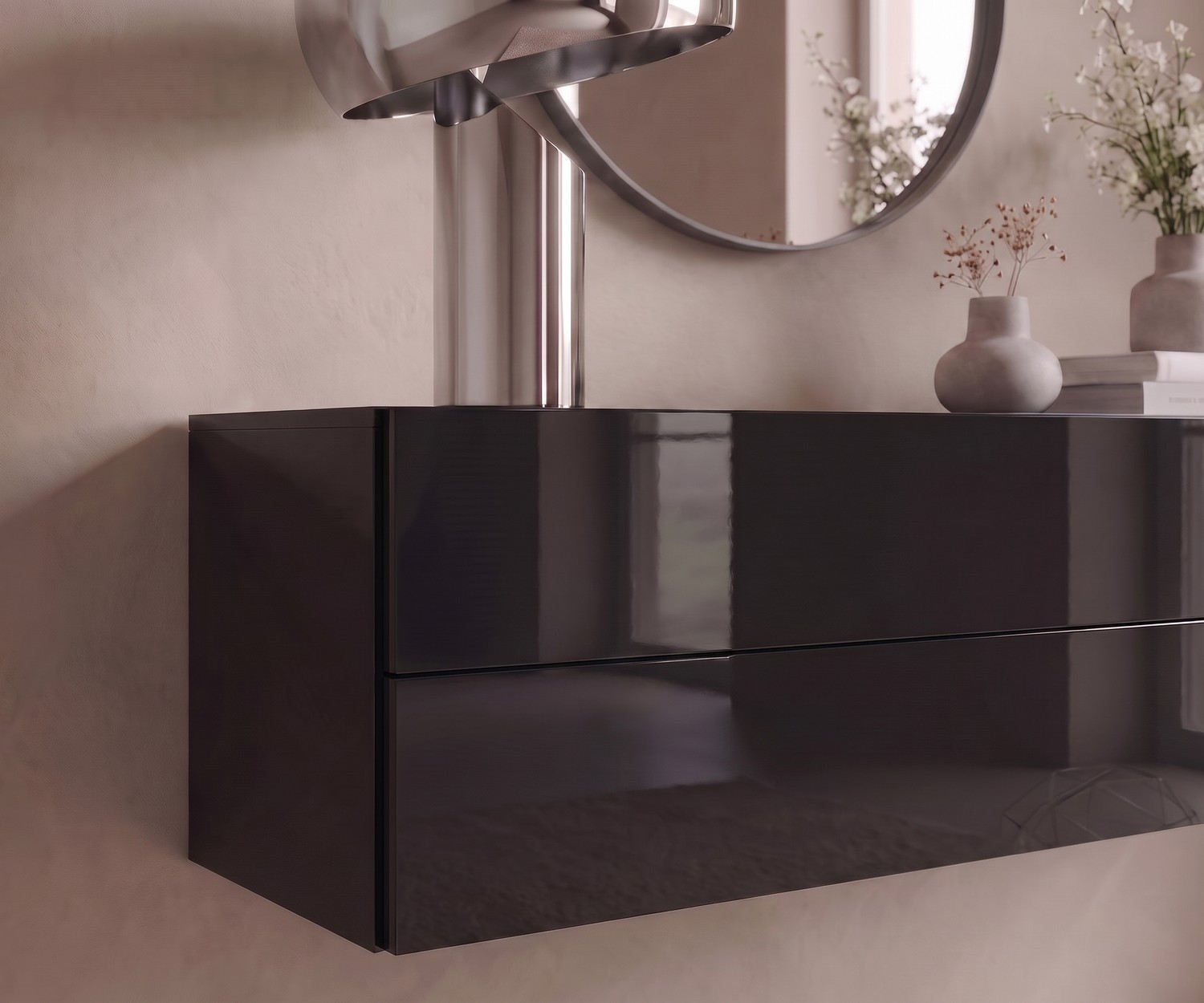 Commode suspendue pour chambre : buffet mural Easy noir brillant par Novamobili, décoration minimaliste chic.