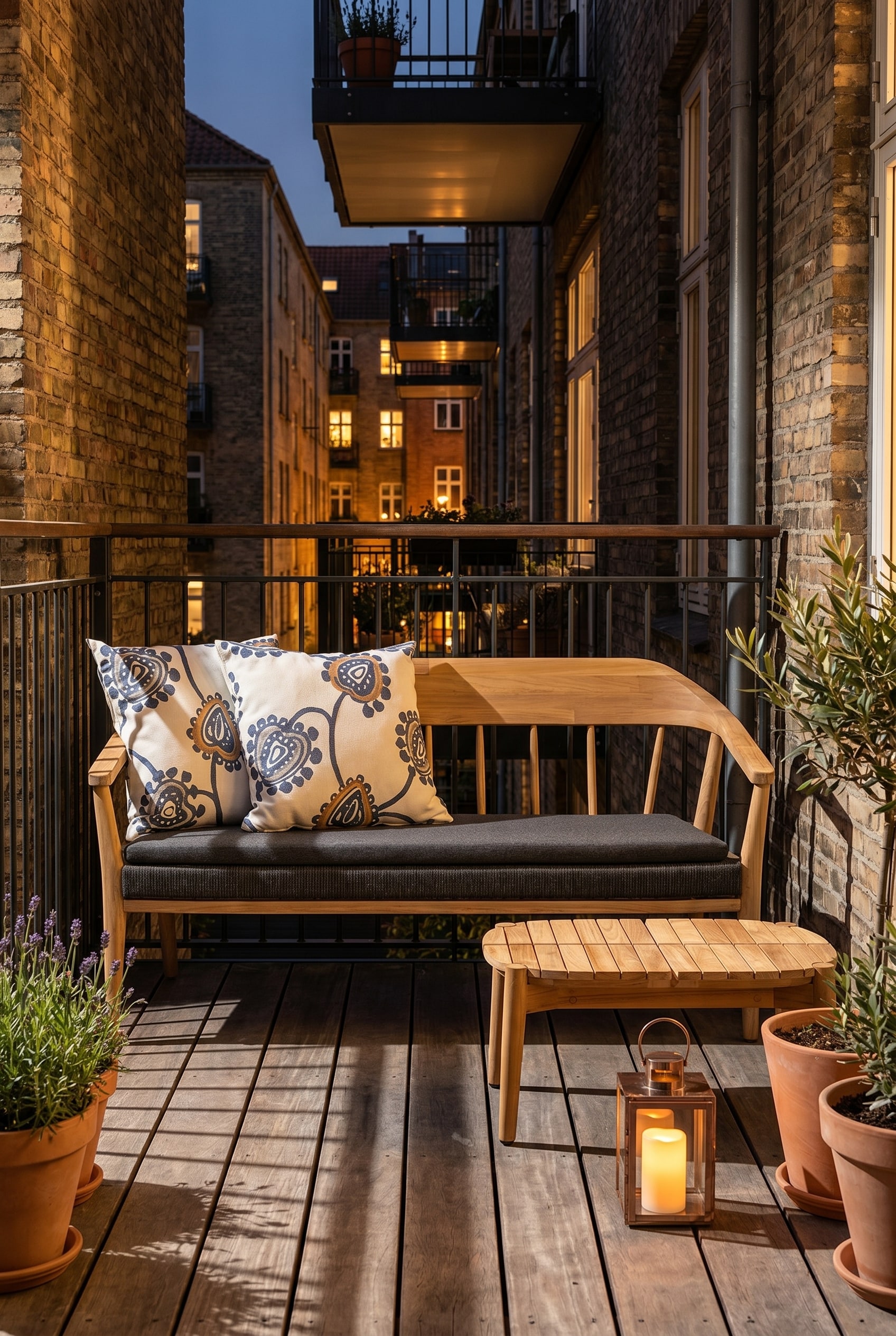 Balcon étroit avec un canapé compact deux places en bois avec des coussins gris positionné sur le côté court du mur
