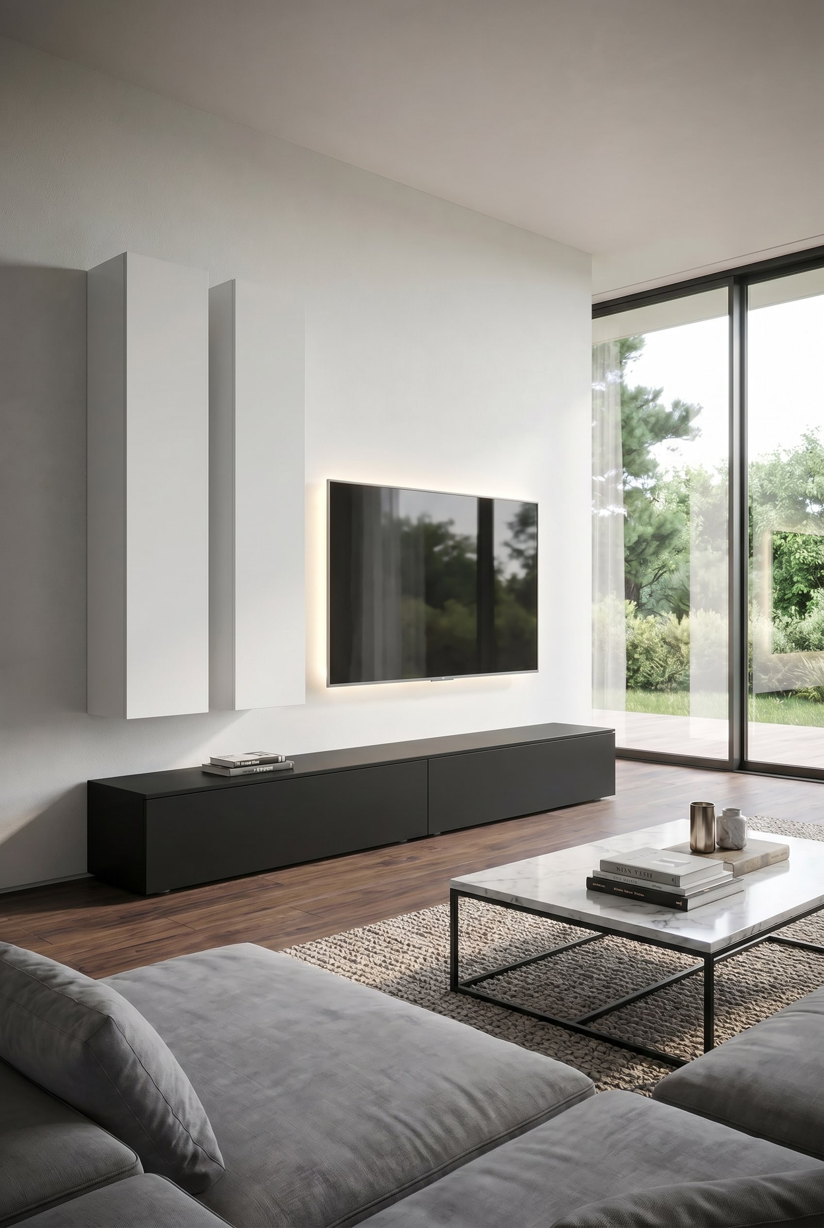 Meuble mural minimaliste, intégré à fleur de mur, avec gestion invisible des câbles Meuble mural minimaliste, intégré à fleur de mur, avec gestion invisible des câbles