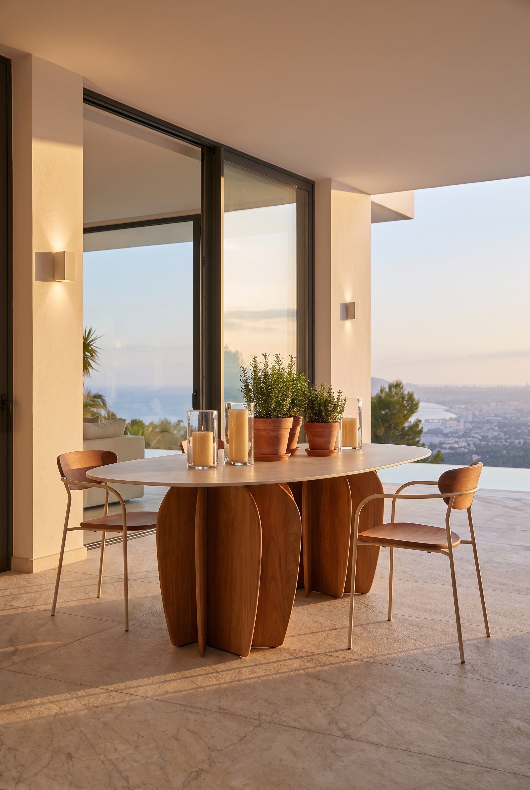 Sonnige Terrasse mit ovalem Holz-Outdoortisch, schweren Terrakotta-Töpfen und passenden Holzstühlen