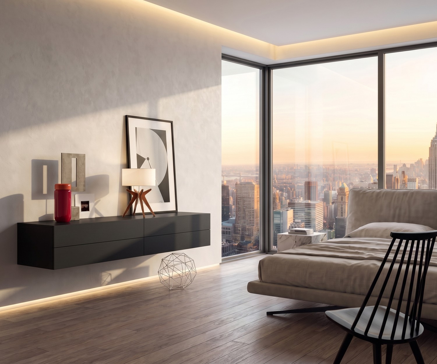 Commode suspendue dans la chambre : Novamobili Easy avec 4 tiroirs noirs sur un mur blanc, vue sur la ville.
