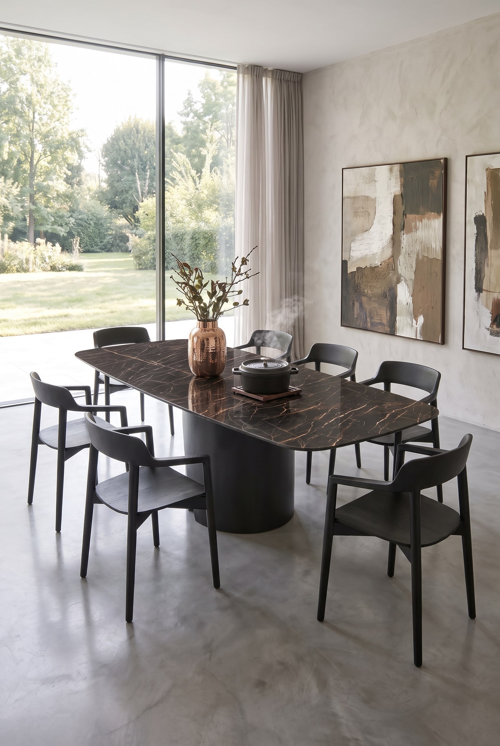 Un plat &agrave; r&ocirc;tir en fonte chaud est pos&eacute; directement sur le plateau aspect marbre de la table &agrave; manger en c&eacute;ramique Livitalia Plug sans n&eacute;cessiter de dessous de plat.